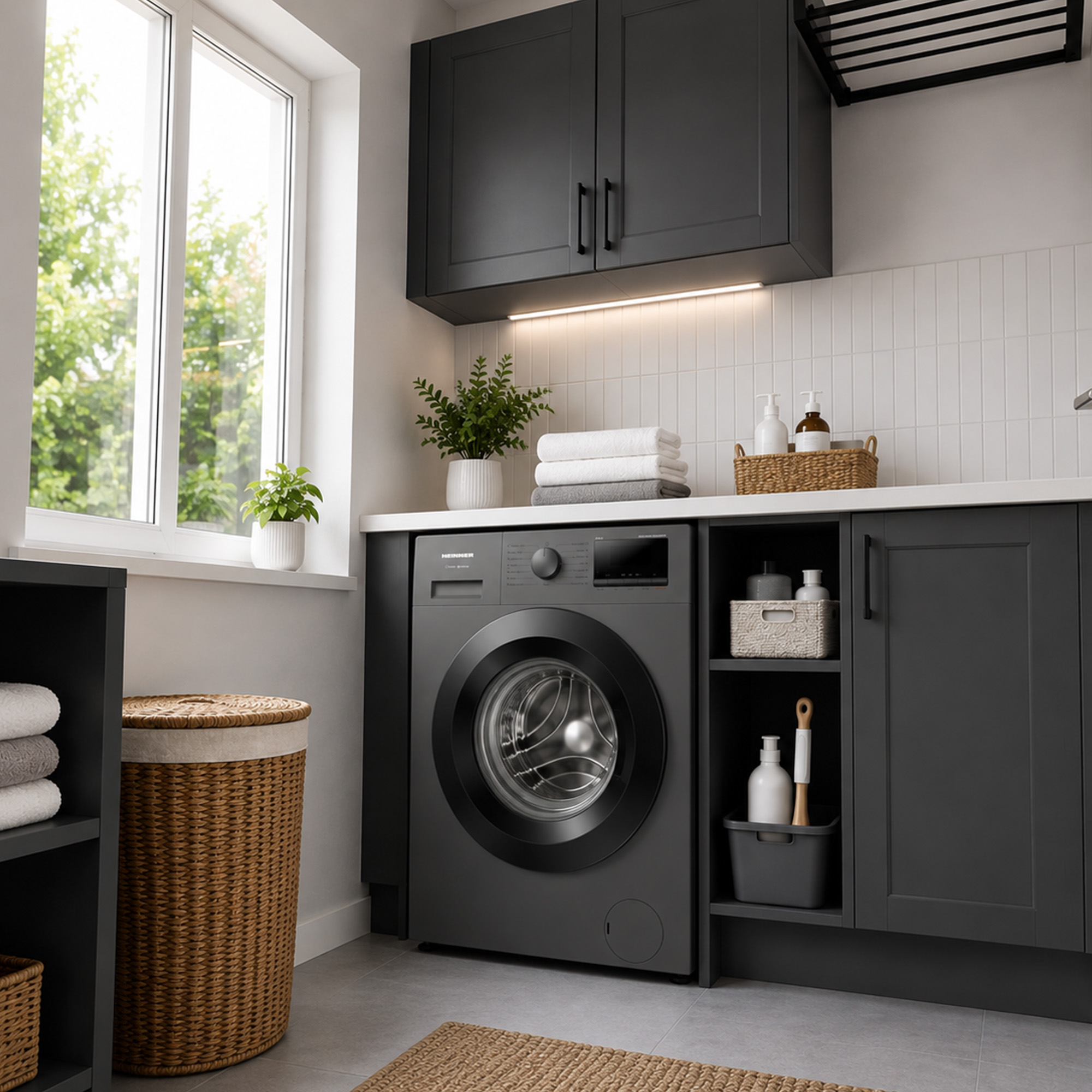 Zwarte wasmachine in een moderne bijkeuken met grijze kasten en een mand.