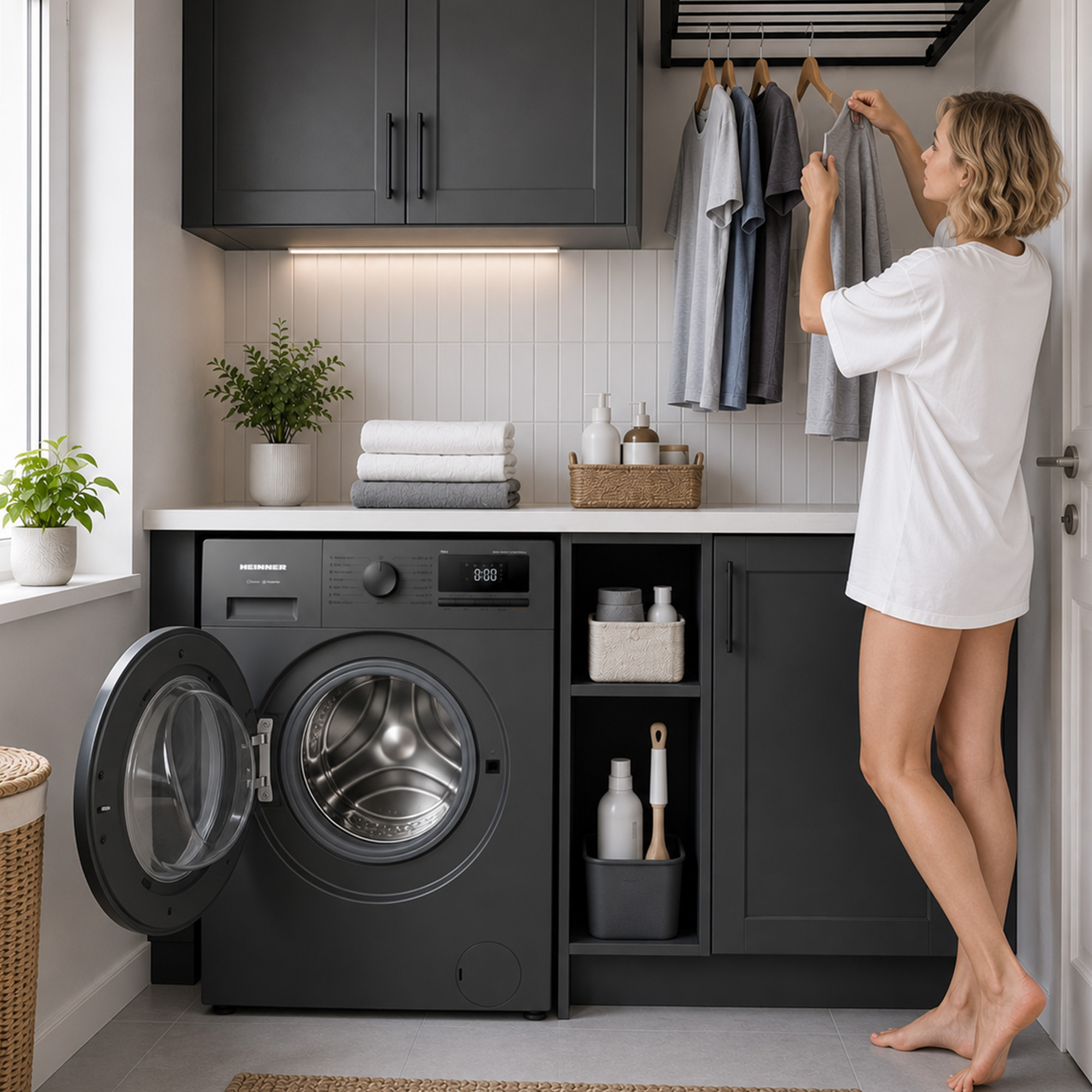 Vrouw hangt kleding op in een moderne wasruimte met zwarte kasten en een wasmachine.
