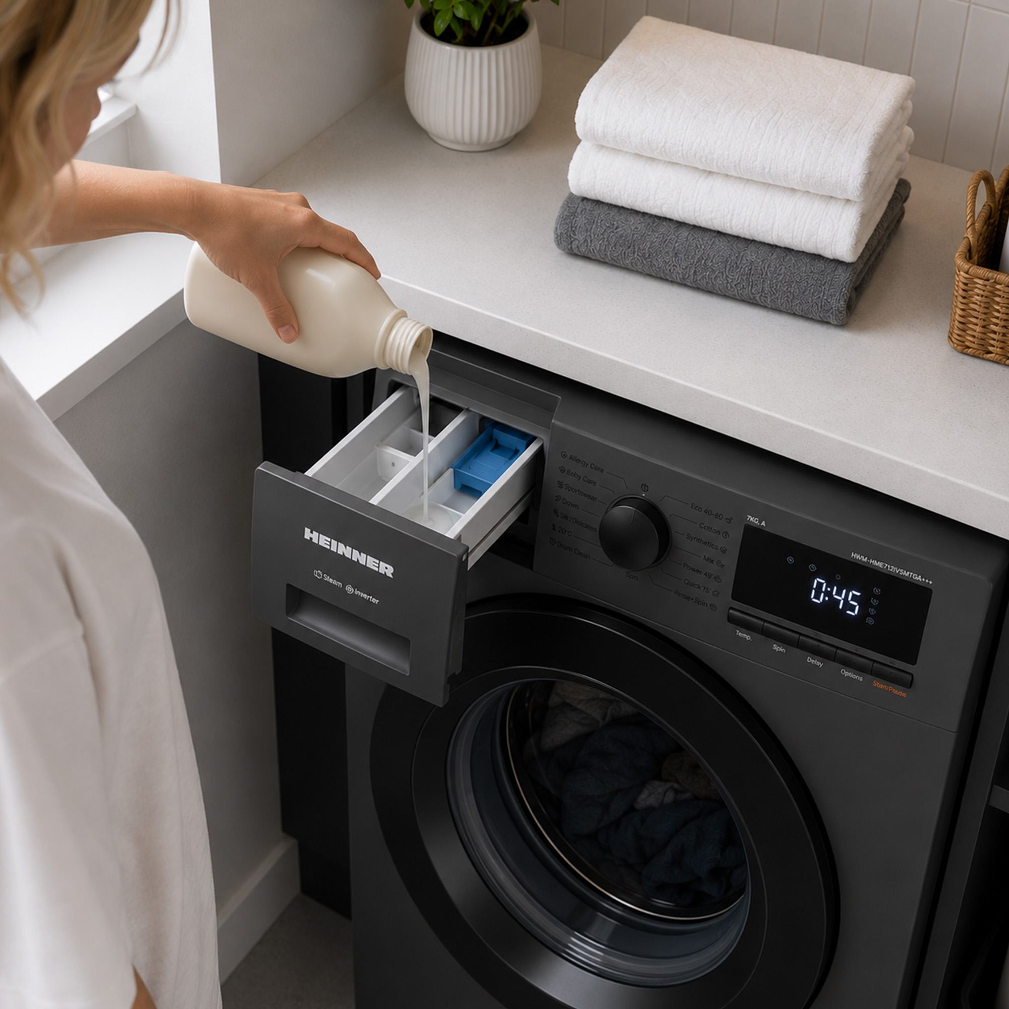Een vrouw giet wasverzachter in de open lade van een grijze wasmachine. Gevouwen handdoeken liggen op het aanrecht.