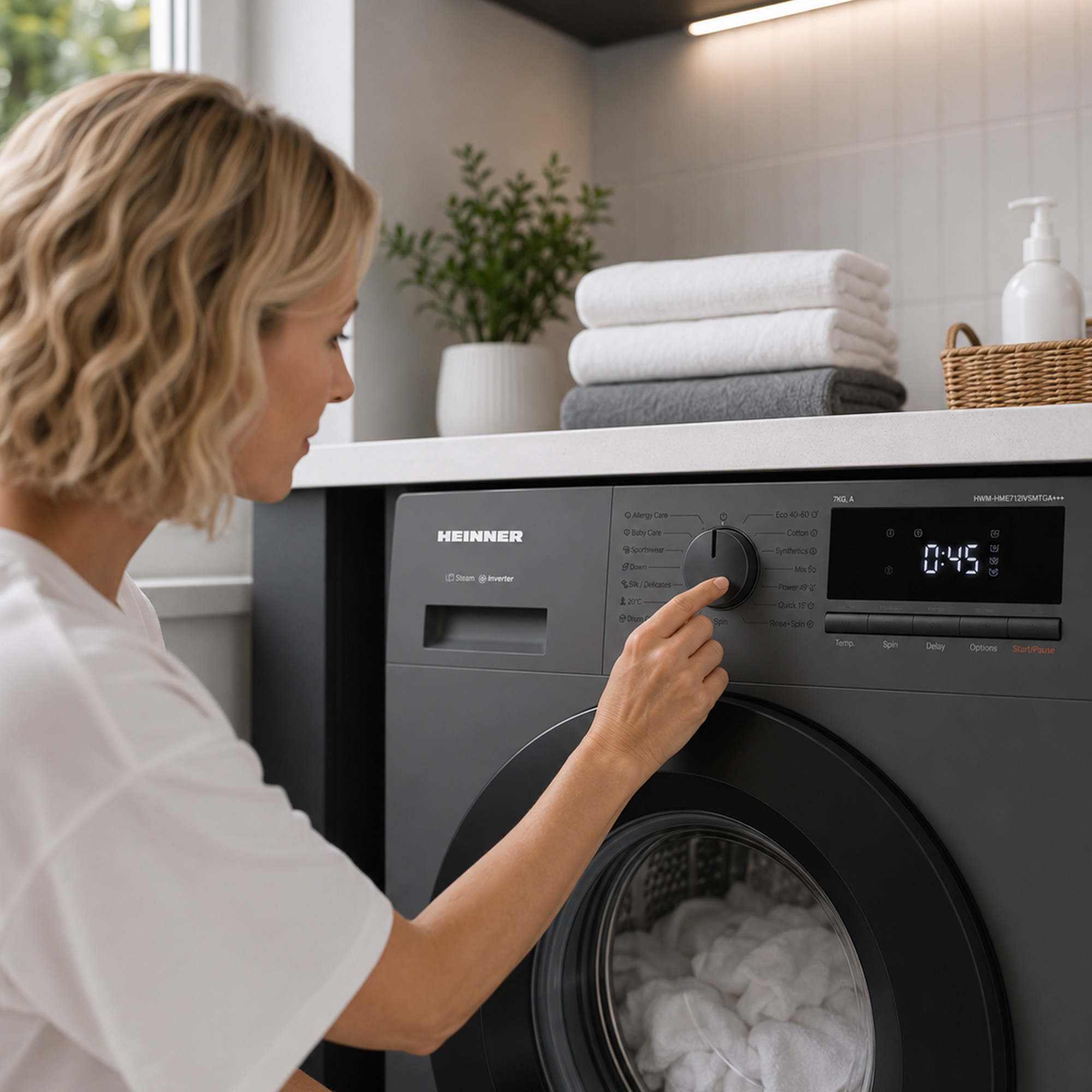 Een blonde vrouw stelt de knop in van een donkere wasmachine, met opgevouwen handdoeken op de achtergrond.