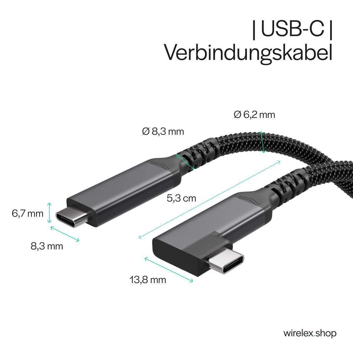 Diagramm zeigt USB-C Verbindungskabel mit Maßangaben für Stecker und Kabeldurchmesser.
