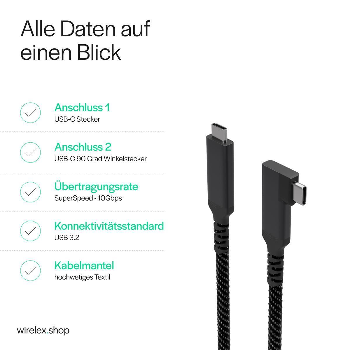 Technische Daten eines USB-C Kabels mit geradem und abgewinkeltem Stecker.