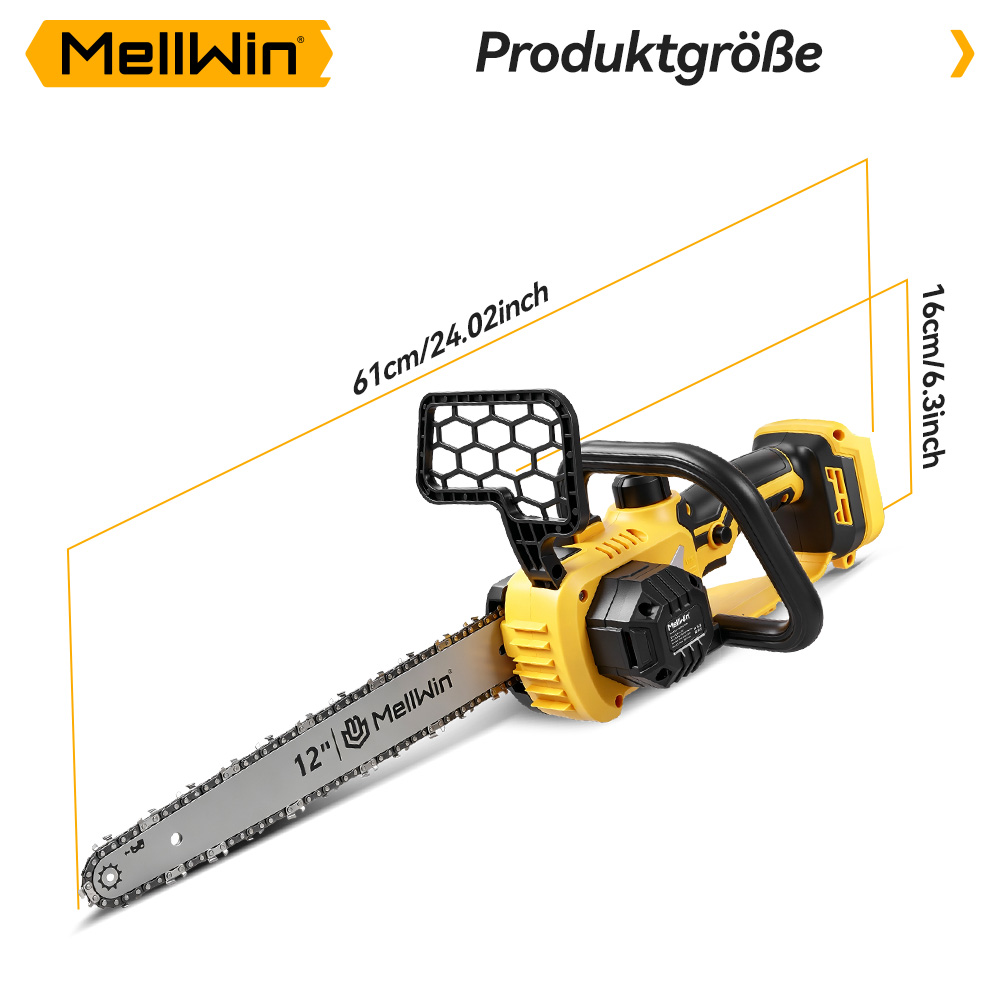 Gelbe und schwarze kabellose Kettensäge mit Abmessungen von 61cm mal 16cm.