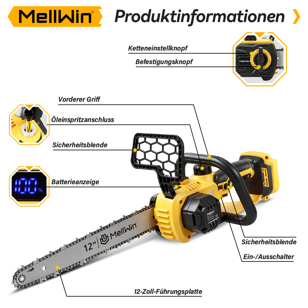 Diagramm einer akkubetriebenen 12-Zoll-Kettensäge von MellWin mit beschrifteten Teilen auf Deutsch.