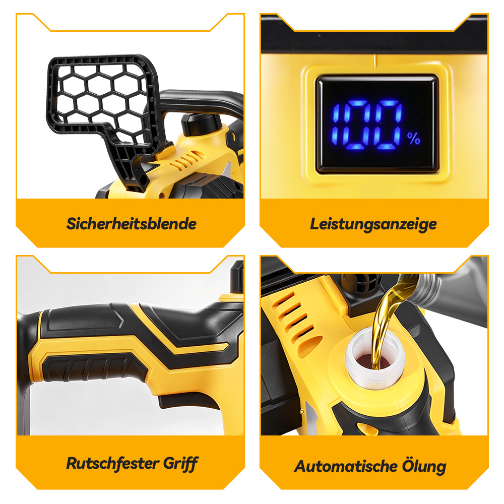 Vier Felder zeigen Sicherheitsblende, digitales Display, rutschfesten Griff und automatische Ölung.