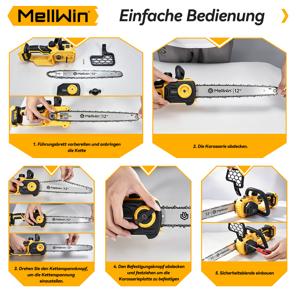 Schritt-für-Schritt-Anleitung zur Montage und zum Zusammenbau einer gelben MellWin Kettensäge.