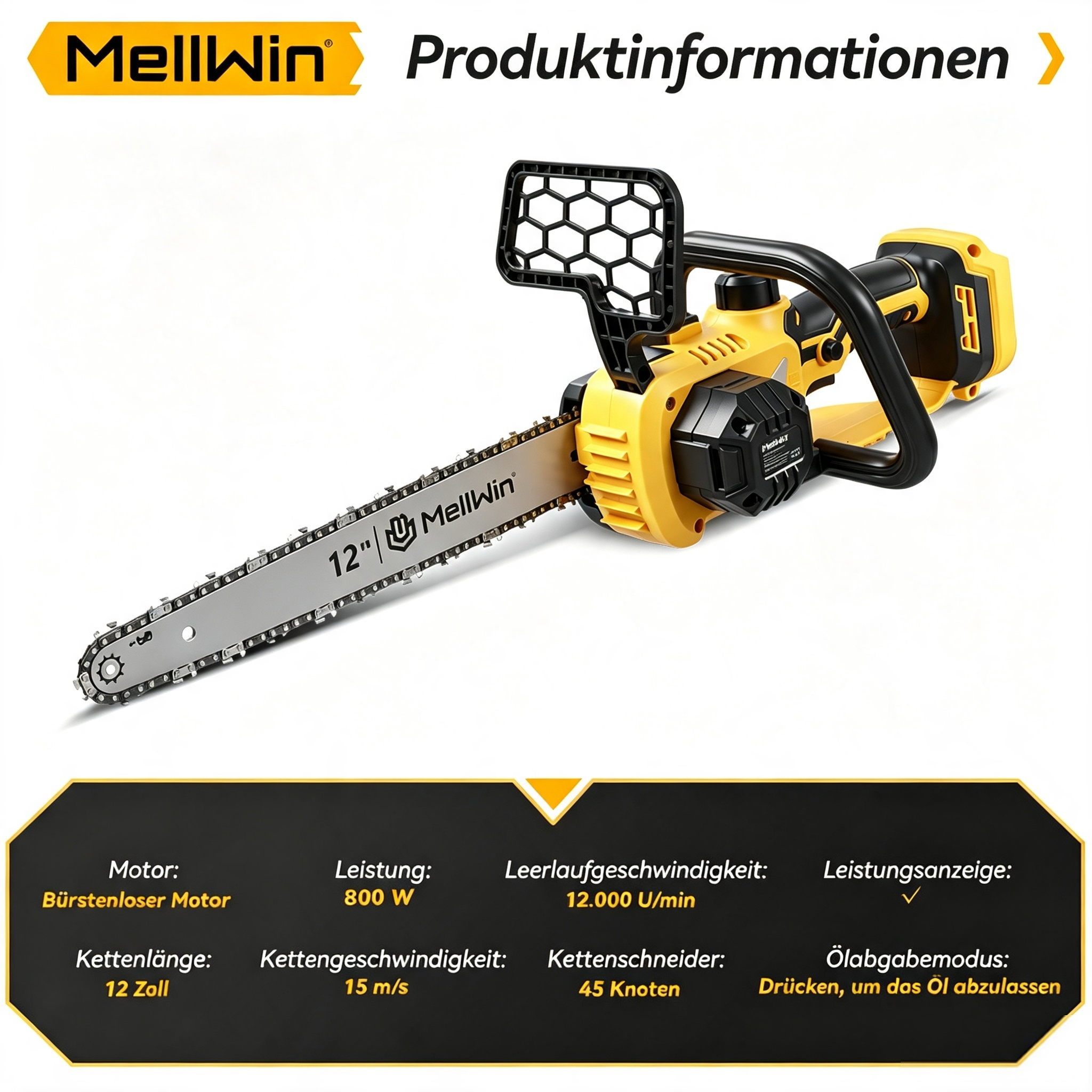 Gelbe Akku-Kettensäge mit 12-Zoll-Schwert und technischen Produktdaten auf schwarzem Hintergrund.