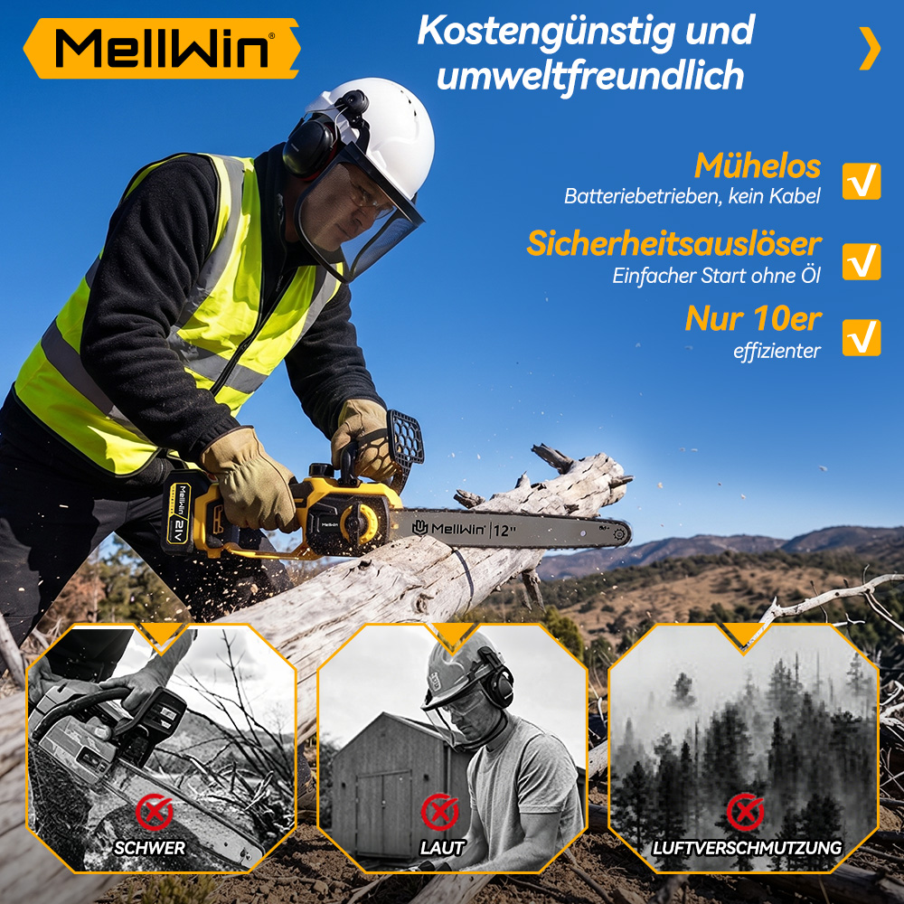 Ein Arbeiter in Schutzkleidung sägt draußen mit einer gelben Akku-Kettensäge einen Baumstamm.