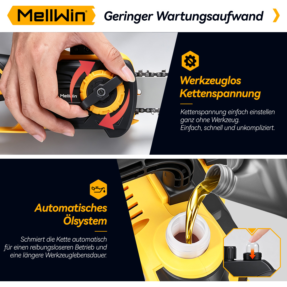 Hand spannt Kette einer gelben Kettensäge werkzeuglos, unten füllt Öl ein.