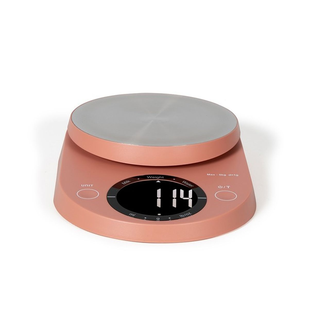 Eine rosa digitale Küchenwaage mit runder Silberplattform und Display mit Ziffern.