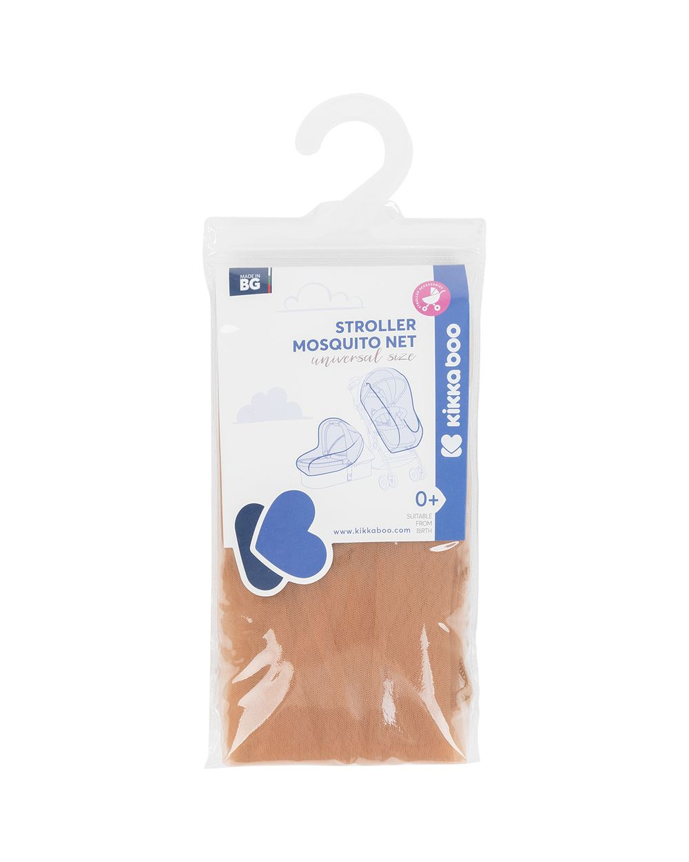 Verpacktes braunes Moskitonetz für Kinderwagen mit weißer Papierlasche und Aufhängehaken.