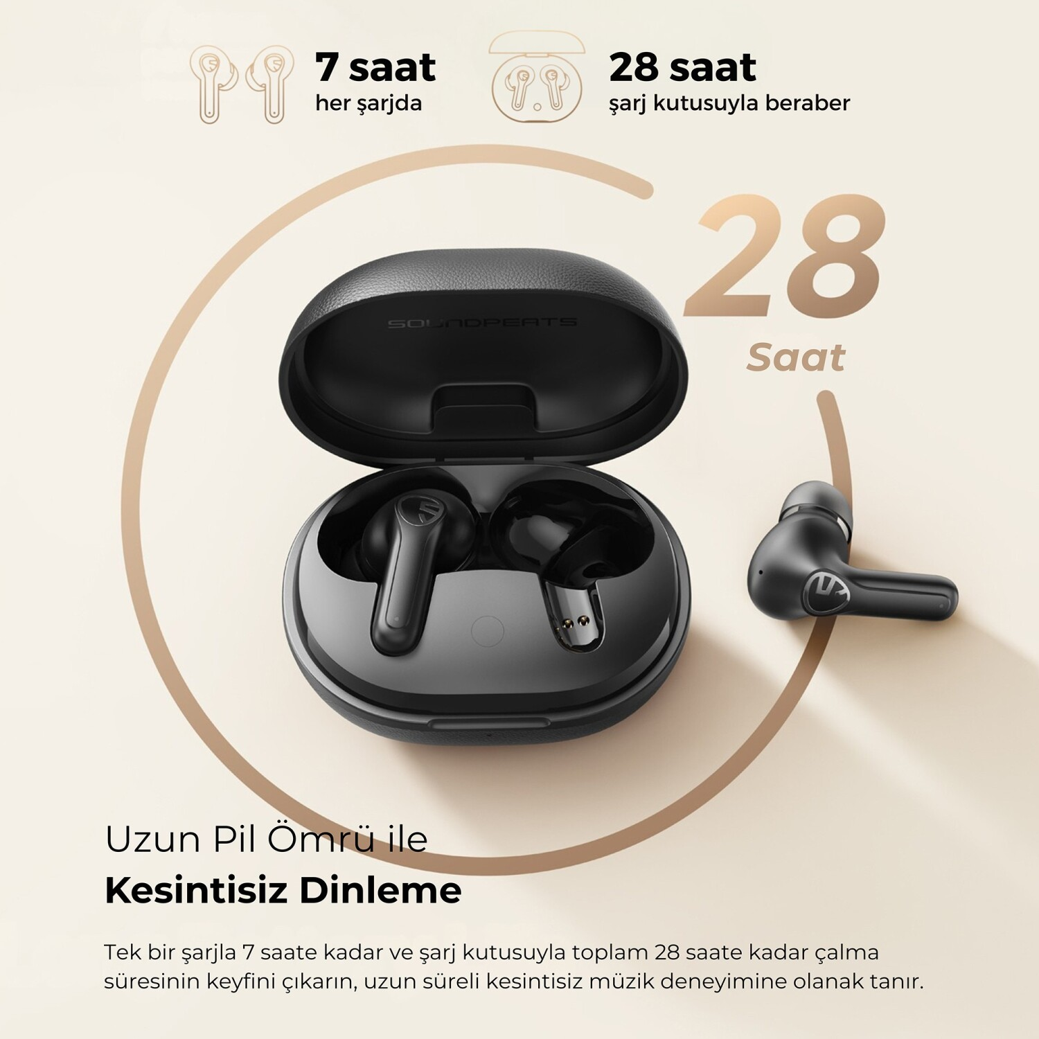 Schwarze SoundPEATS In-Ear-Kopfhörer mit Ladecase, das 28 Stunden Akkulaufzeit bietet.