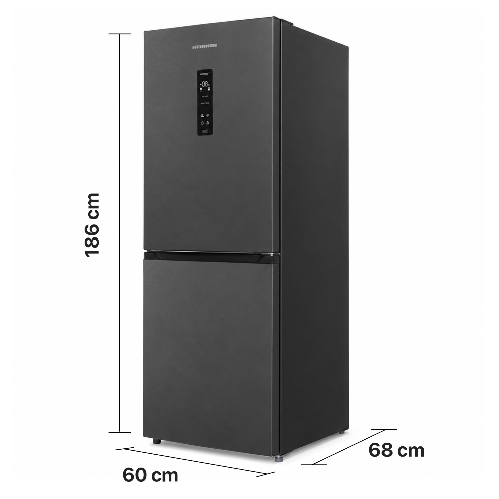 Réfrigérateur Heinner gris foncé avec dimensions : 186 cm de hauteur, 60 cm de largeur, 68 cm de profondeur.