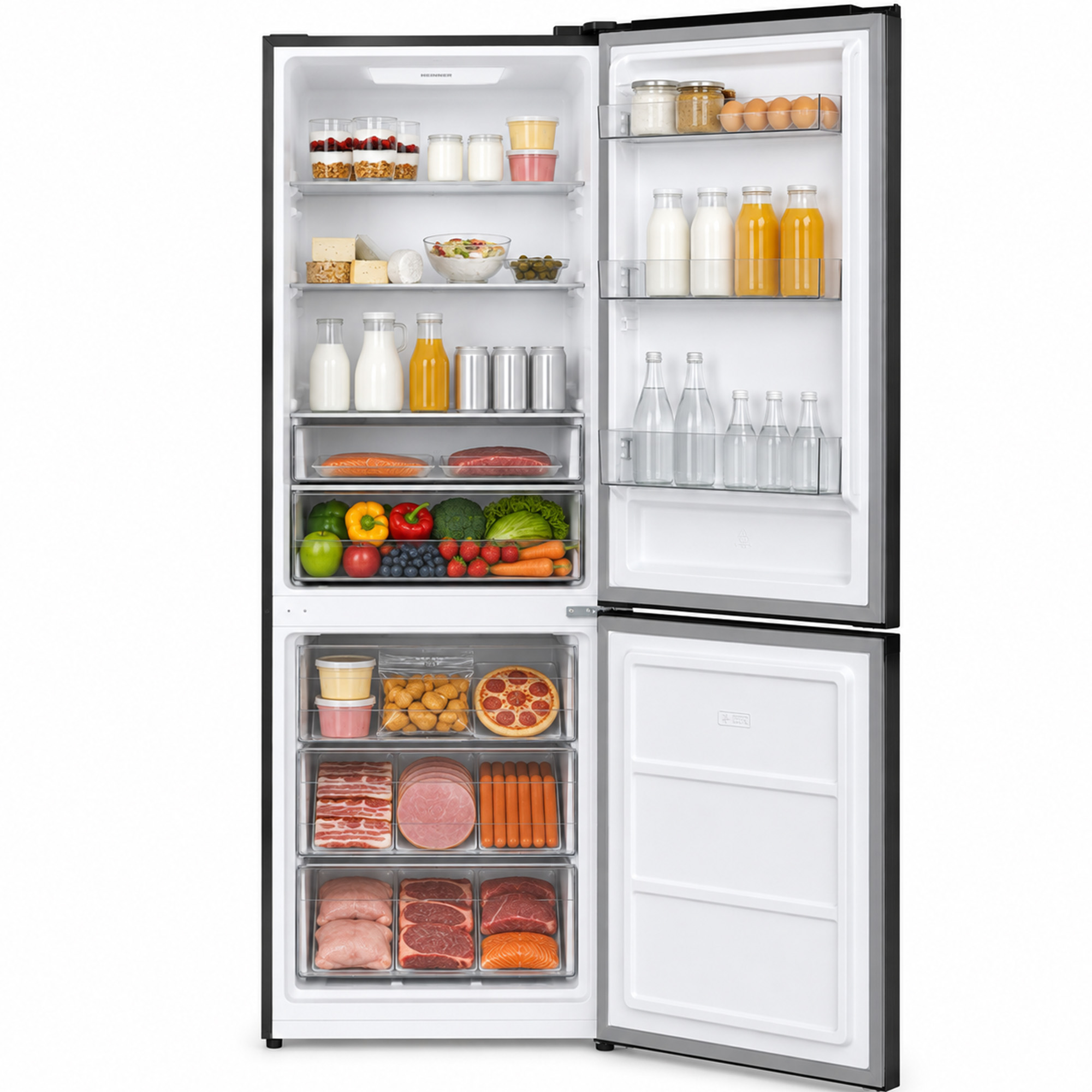 Un réfrigérateur ouvert rempli de boissons, de fruits frais, de légumes, de viande et d'aliments emballés.