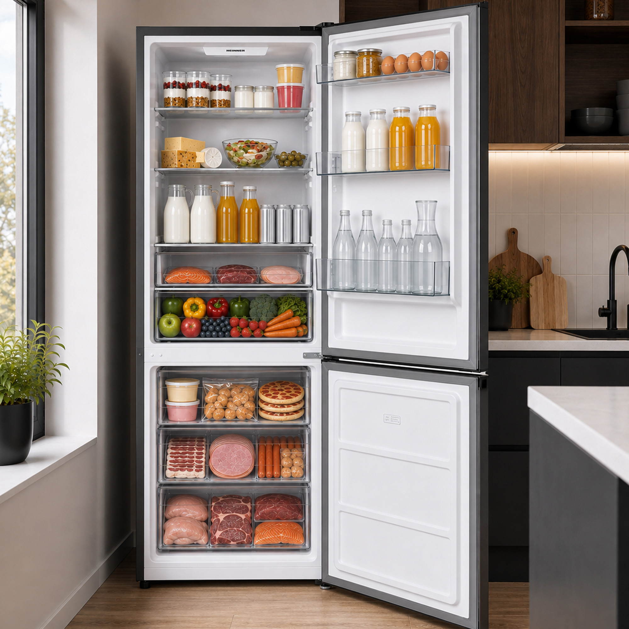 Un réfrigérateur ouvert rempli de légumes frais, de fruits, de produits laitiers et de viande.