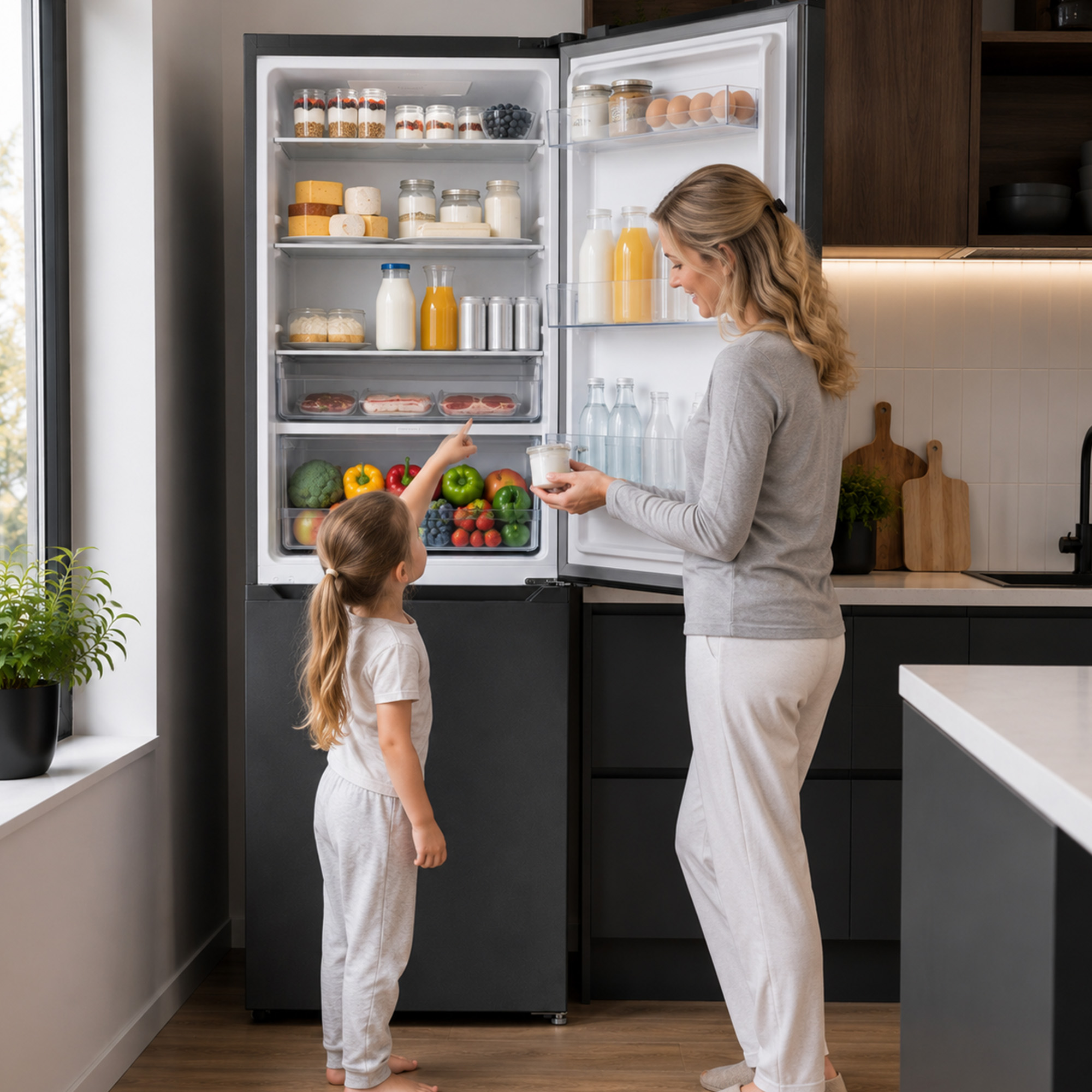 Une femme et une jeune fille regardent à l'intérieur d'un réfrigérateur bien approvisionné.
