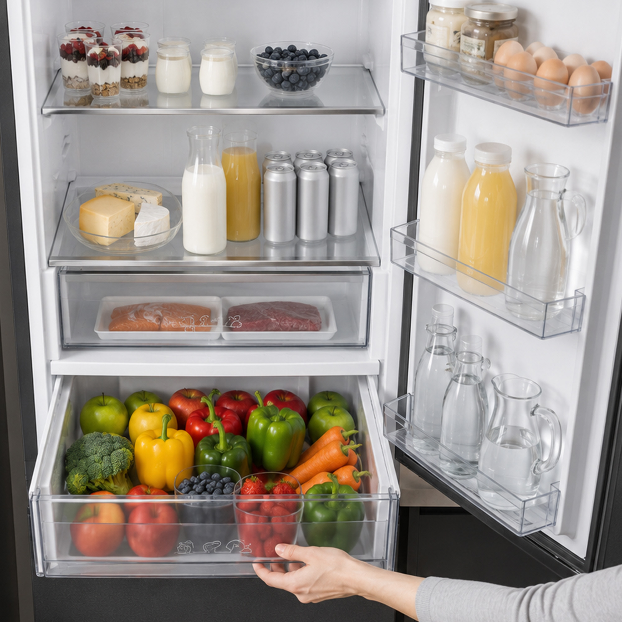Un réfrigérateur bien garni contenant des produits laitiers, des fruits, des boissons et de la viande.