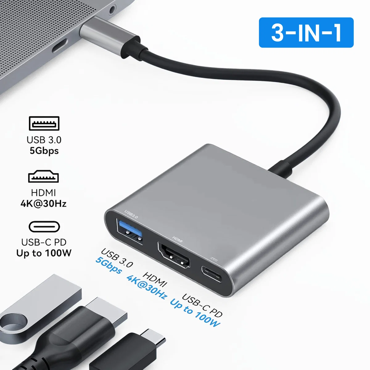 Een grijze 3-in-1 USB-C-hub met USB 3.0-, HDMI- en USB-C PD-poorten, aangesloten op een laptop.