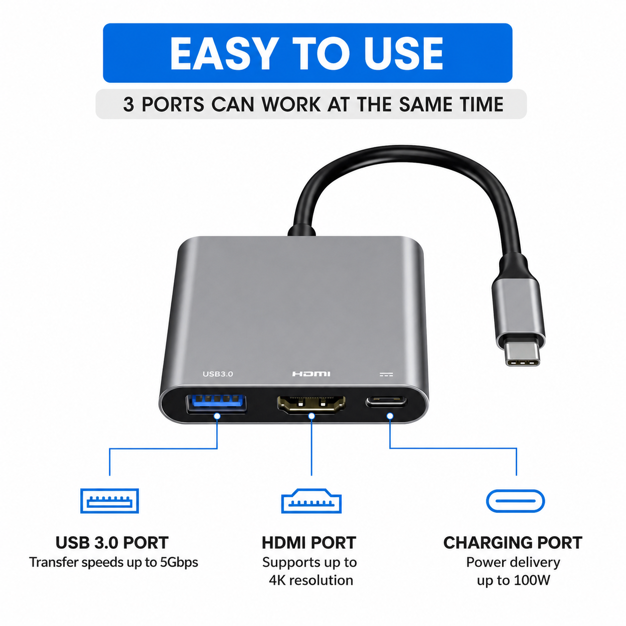 Grijze USB-C-hub met USB 3.0-, HDMI- en oplaadpoorten.