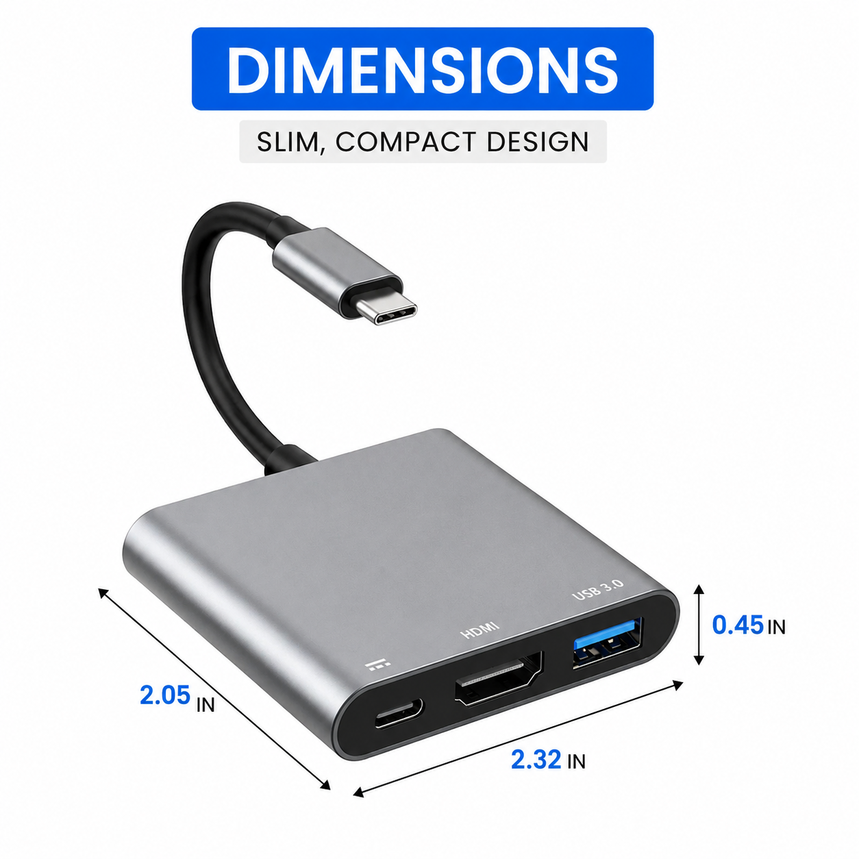 Grijze USB-C-hub met HDMI en USB 3.0, afmetingen 2,32x2,05x0,45 inch.