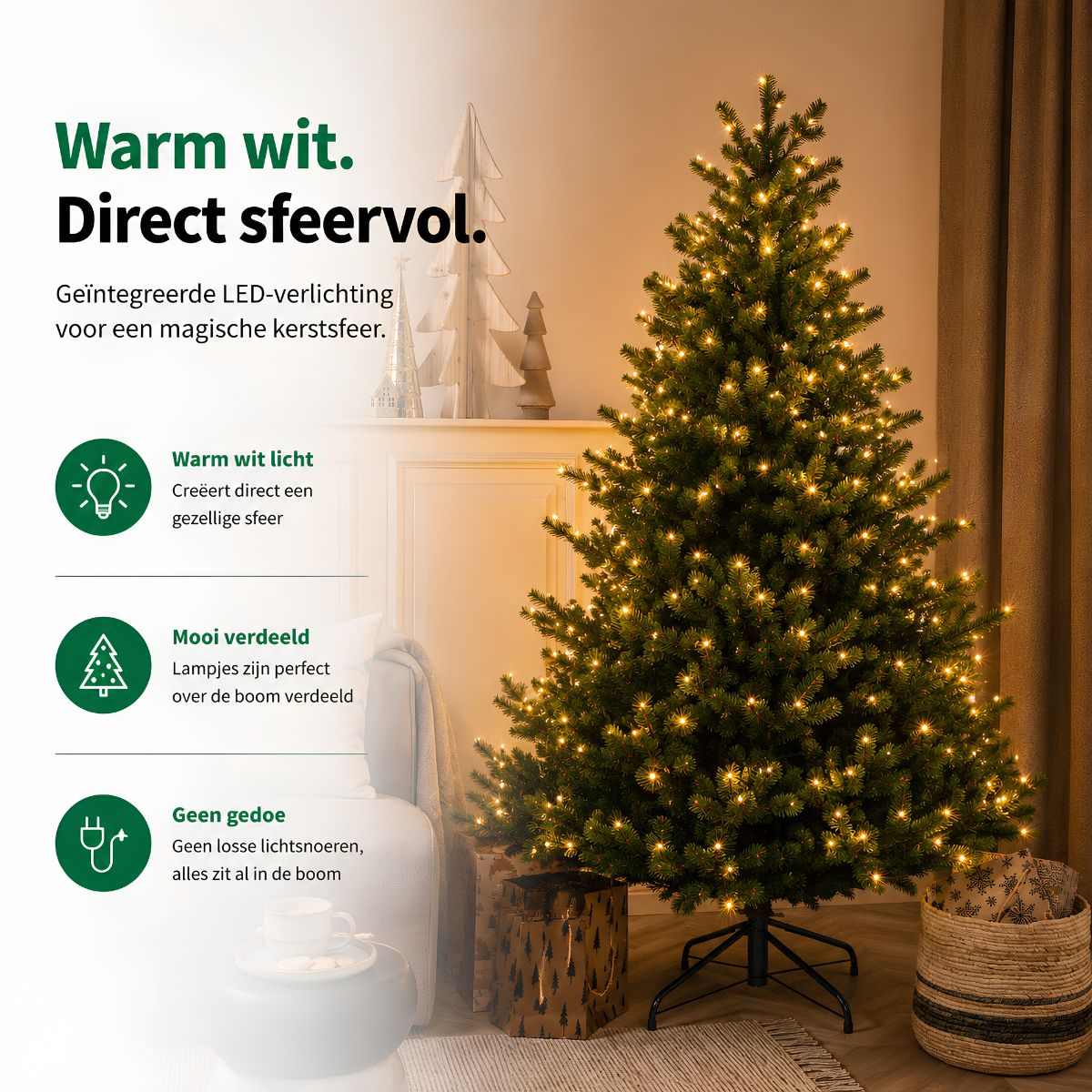 An illuminated Christmas tree stands in a cozy living room with overlaid text.