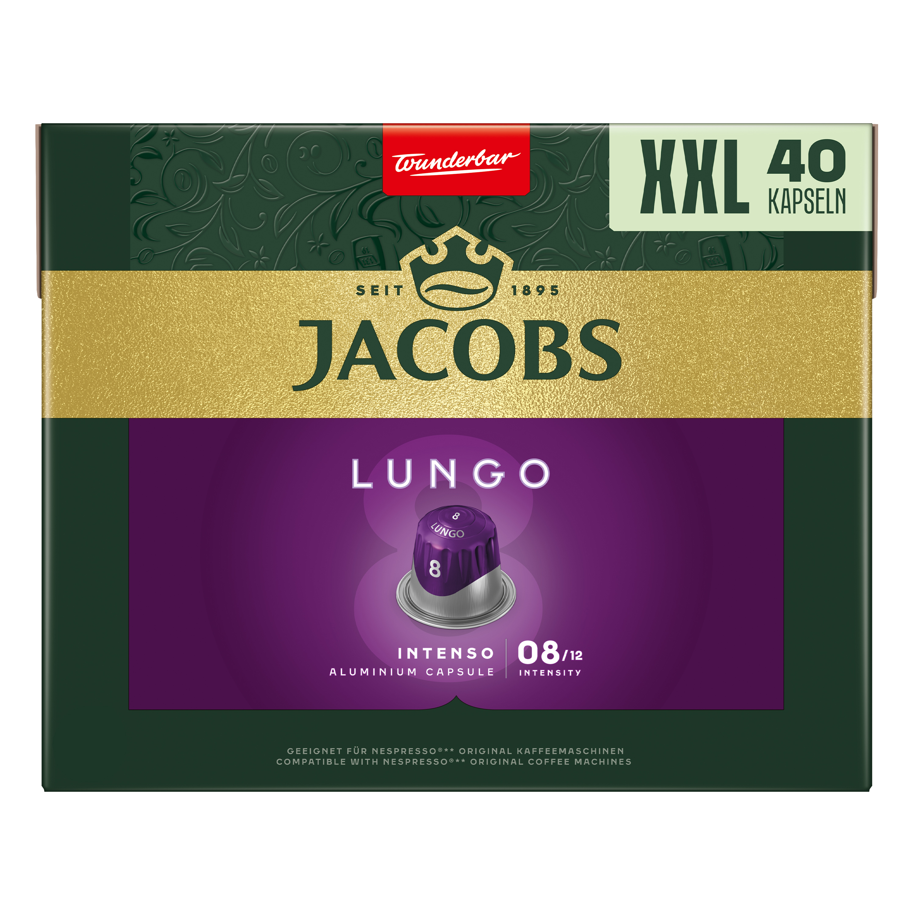 Jacobs Lungo Intenso XXL Kaffeekapselverpackung mit 40 violetten Kapseln auf dunkelgrünem Hintergrund mit goldenem Logo.