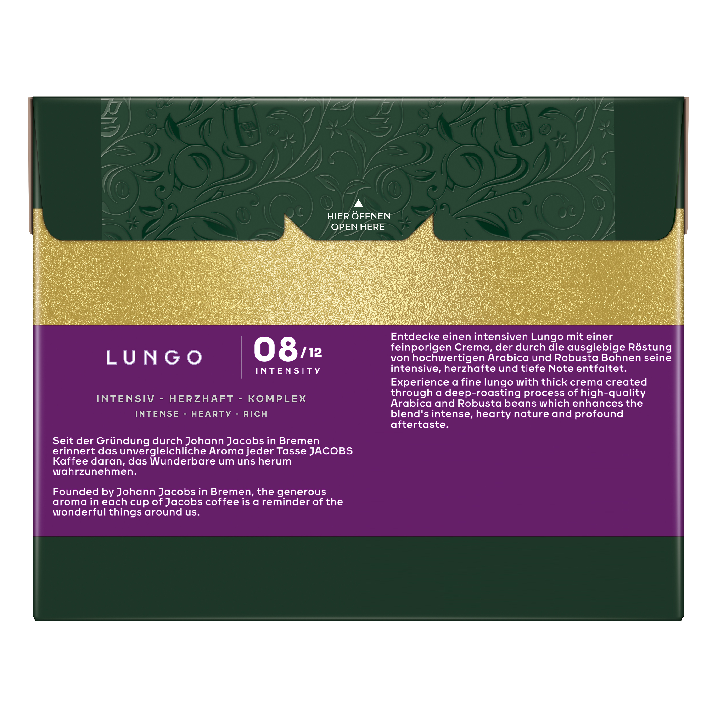 Jacobs Lungo Kaffeeverpackung in Dunkelgrün, Gold und Violett mit Produktbeschreibungen und Intensität 08/12.