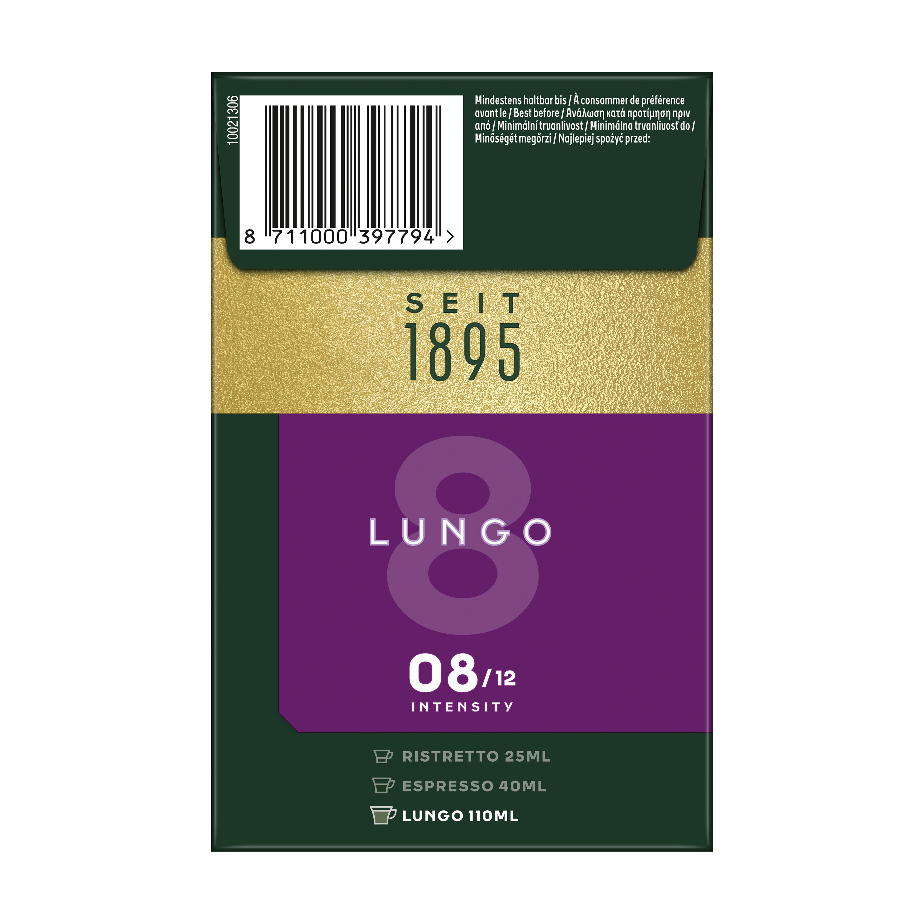 Grüne Kaffeekapselverpackung mit Barcode, goldener Aufschrift Seit 1895 und violettem Feld mit der Aufschrift Lungo 8.