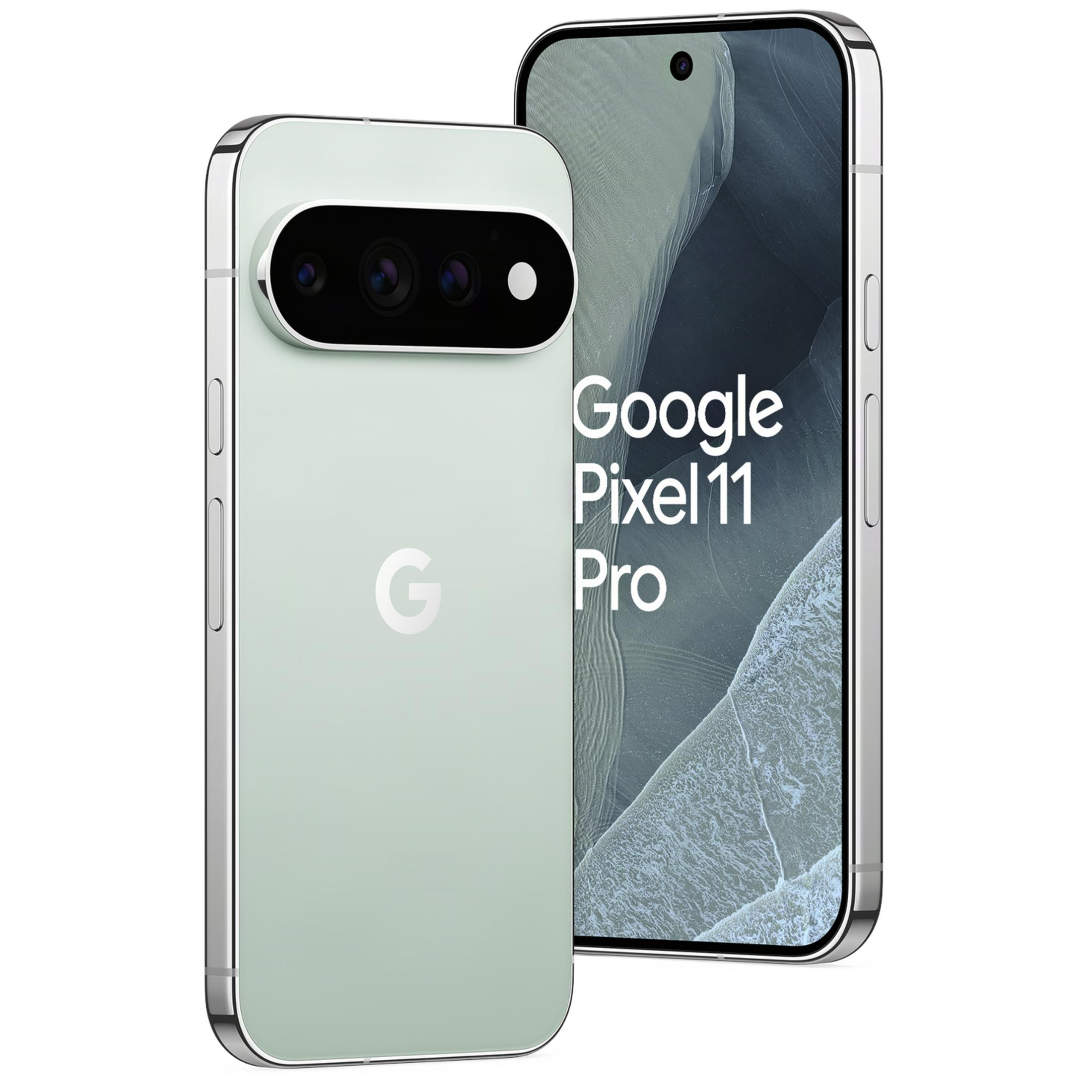 Zwei Google Pixel 11 Pro Smartphones, eines zeigt die Rückseite in Hellgrün, das andere die Vorderseite.