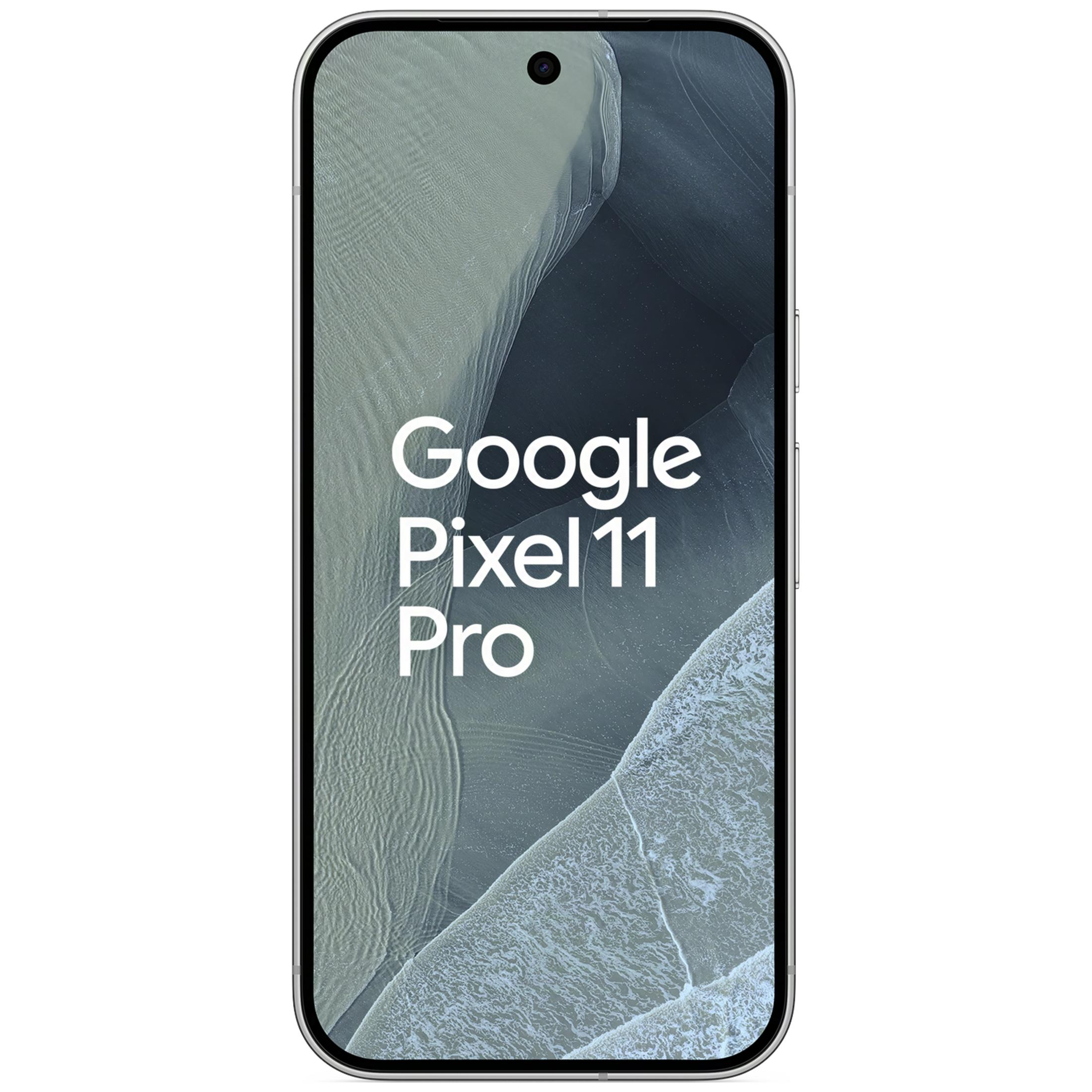 Frontansicht eines Smartphones mit dem Text Google Pixel 11 Pro auf dem Bildschirm mit welligem Hintergrund.
