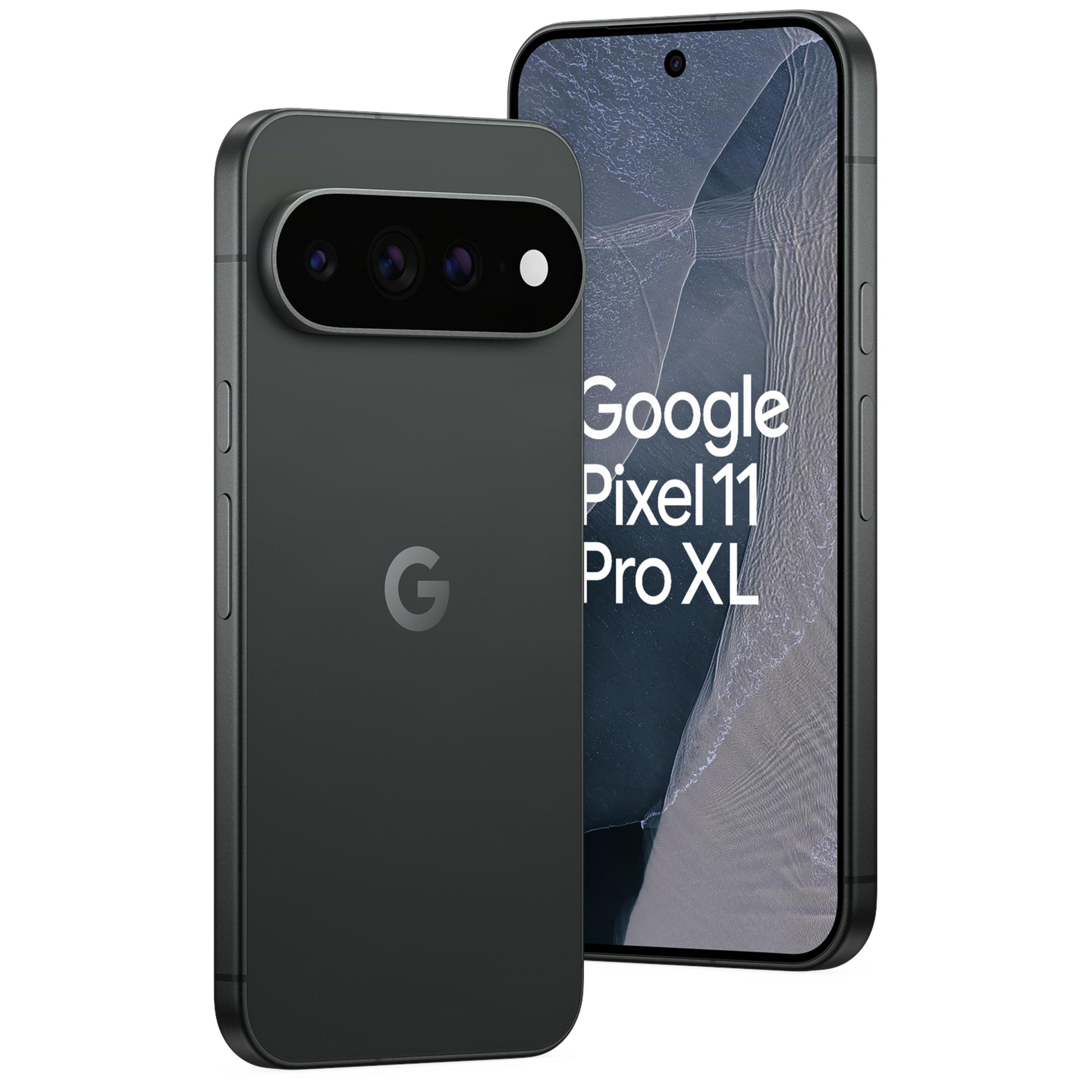 Zwei schwarze Google Pixel Smartphones, wobei das hintere den Text Google Pixel 11 Pro XL auf dem Bildschirm zeigt.