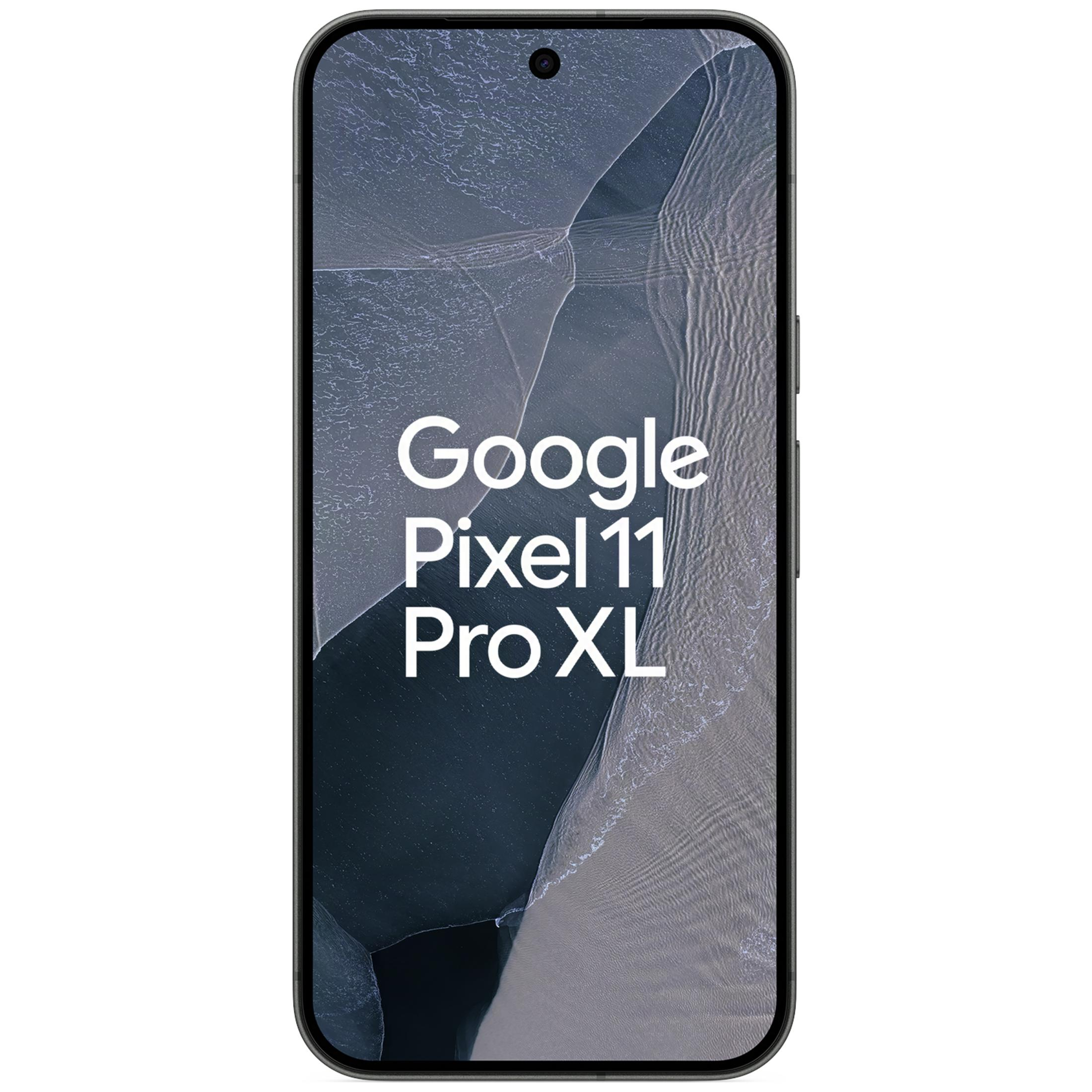 Frontansicht eines Smartphones mit der Aufschrift Google Pixel 11 Pro XL auf dem Bildschirm und einem dunklen Hintergrund.