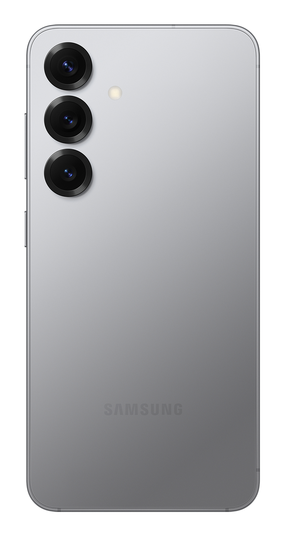 Retro di uno smartphone argento con tre obiettivi fotografici disposti verticalmente e il logo Samsung.