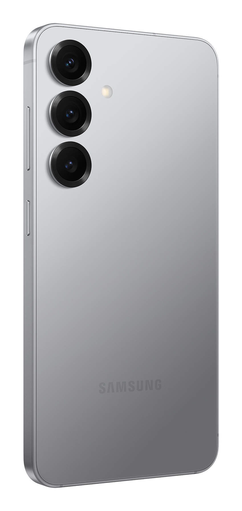 Retro di uno smartphone argento con tre obiettivi fotografici verticali e il logo Samsung.