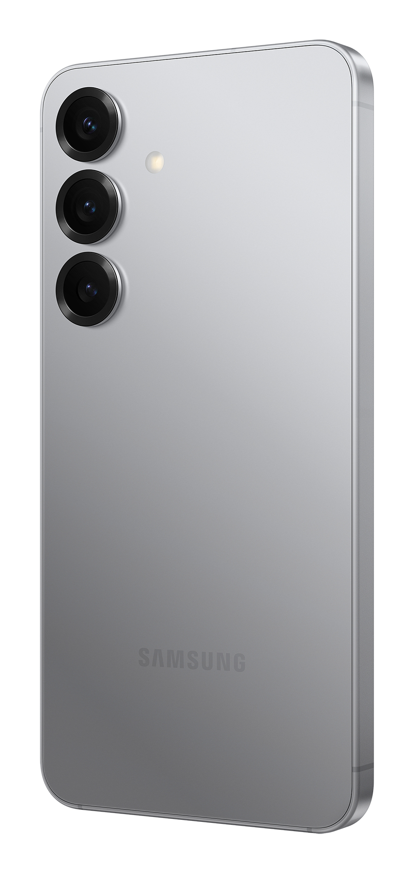 Retro di uno smartphone Samsung argento con tre obiettivi della fotocamera allineati verticalmente.