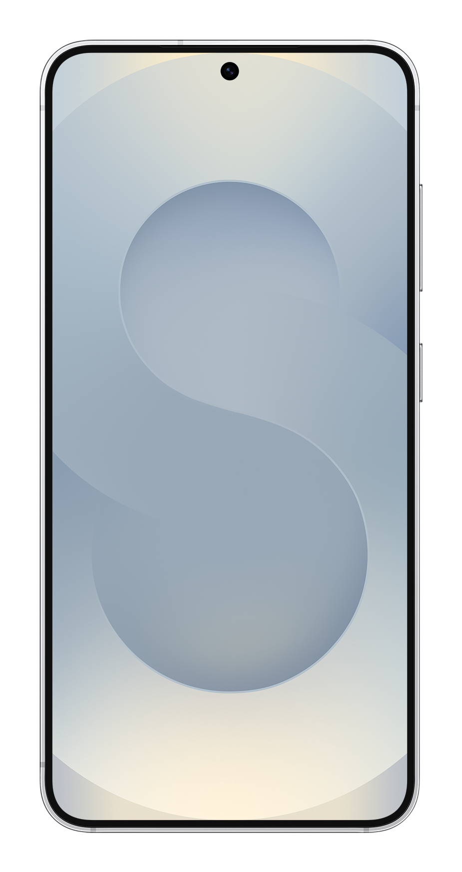 Uno smartphone con angoli arrotondati e una grafica a forma di S sul display pallido.