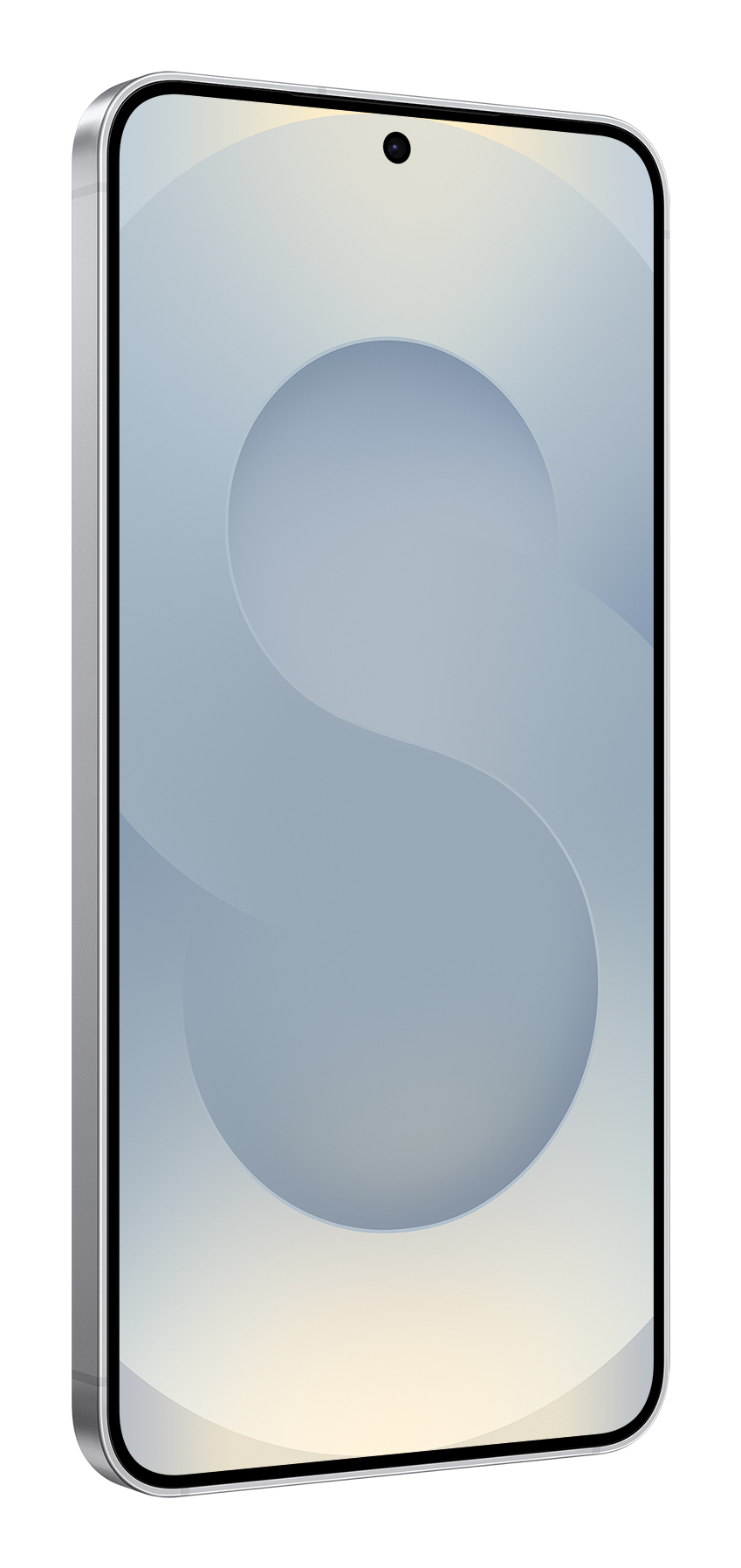 Uno smartphone argentato con schermo azzurro e grafica a forma di S.