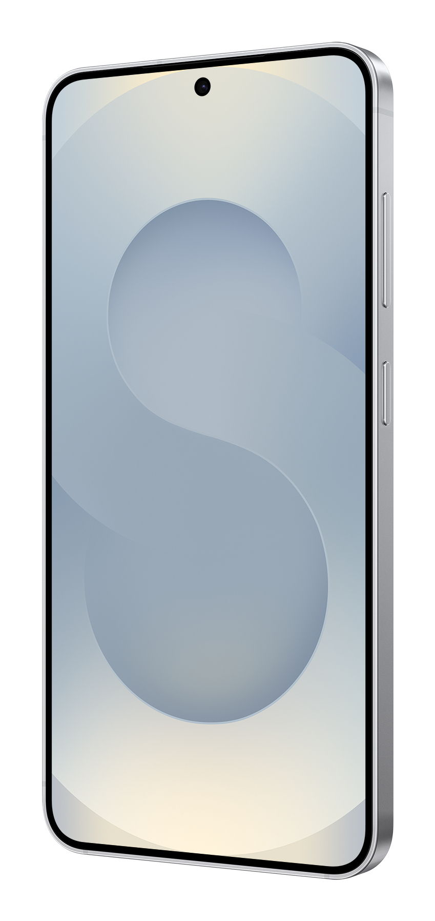Un elegante smartphone argento con sfondo azzurro, cornici simmetriche e tasti laterali visibili.