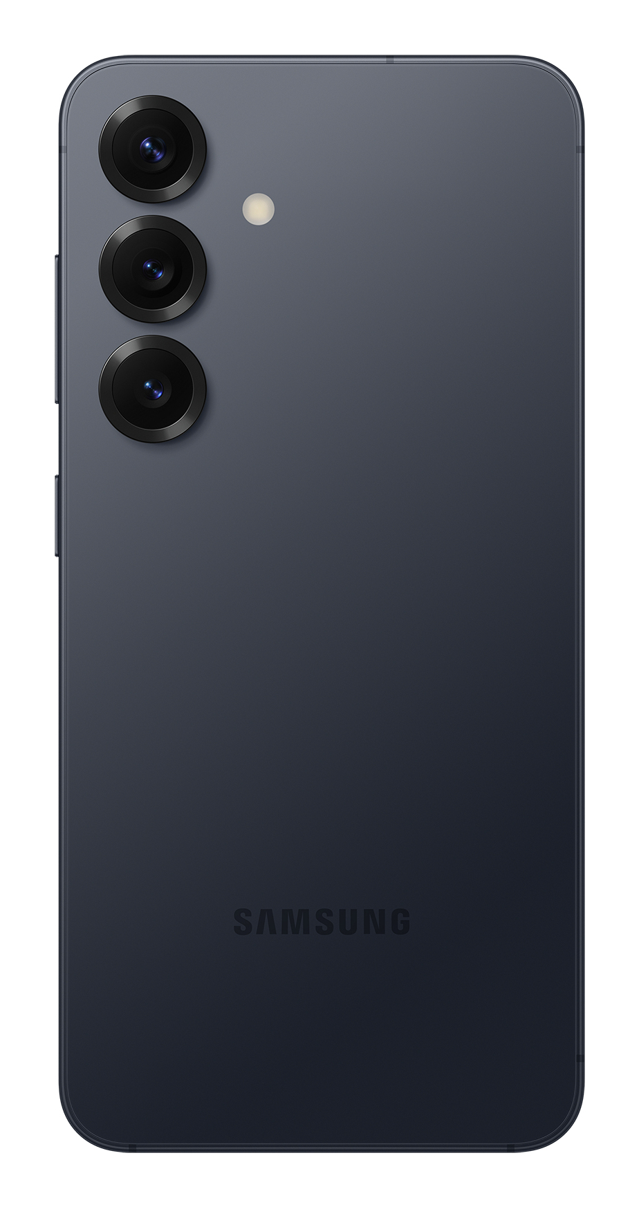 Retro di uno smartphone grigio scuro con tre fotocamere allineate verticalmente e il logo Samsung.