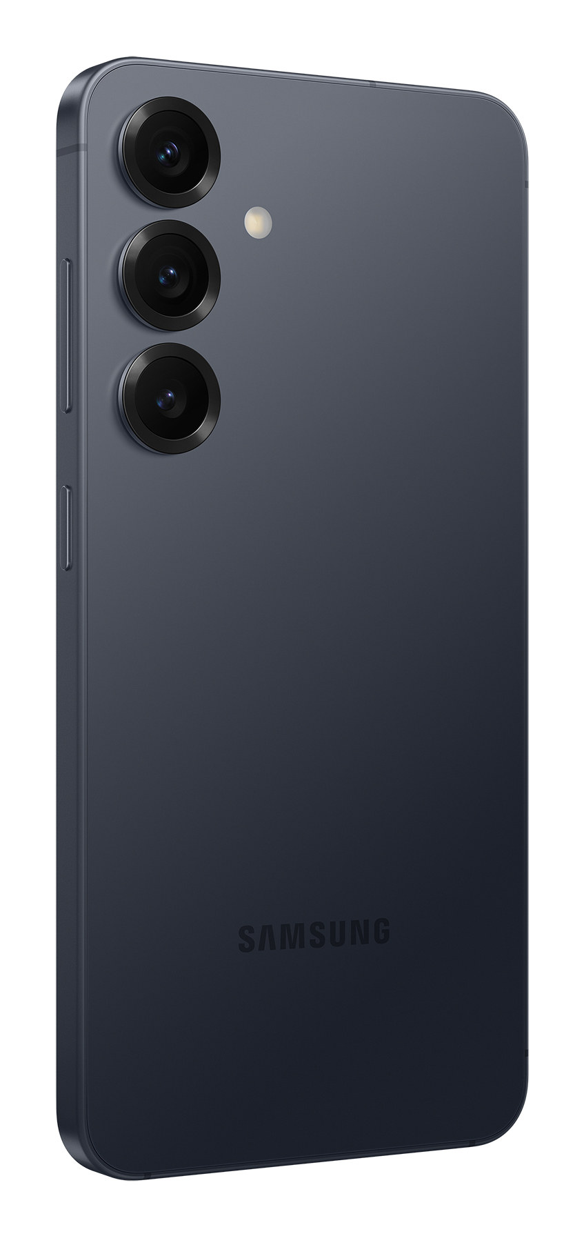 Retro di uno smartphone Samsung scuro con tre obiettivi fotografici allineati verticalmente e il logo.