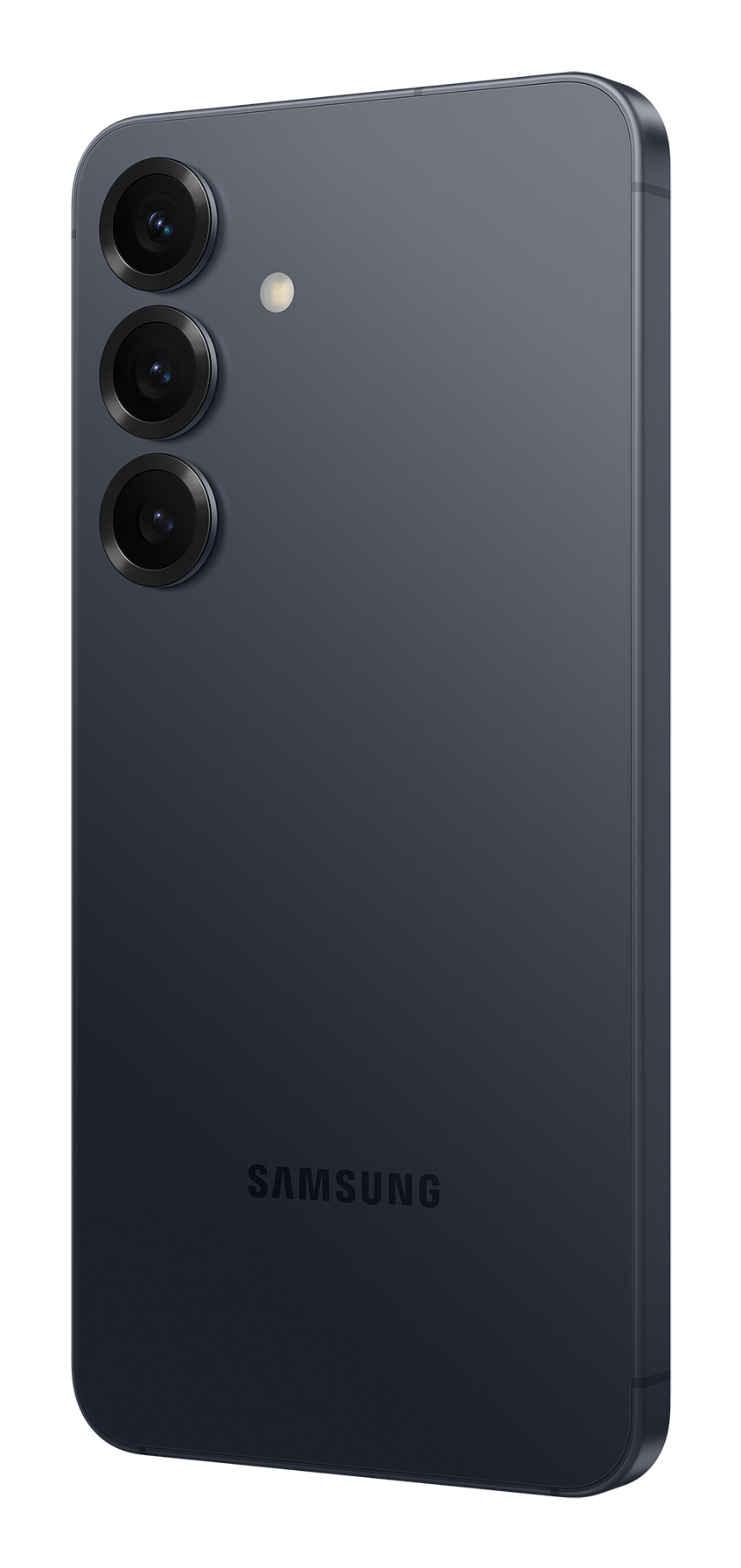 Retro di uno smartphone Samsung grigio scuro con tre obiettivi fotografici allineati verticalmente e logo.