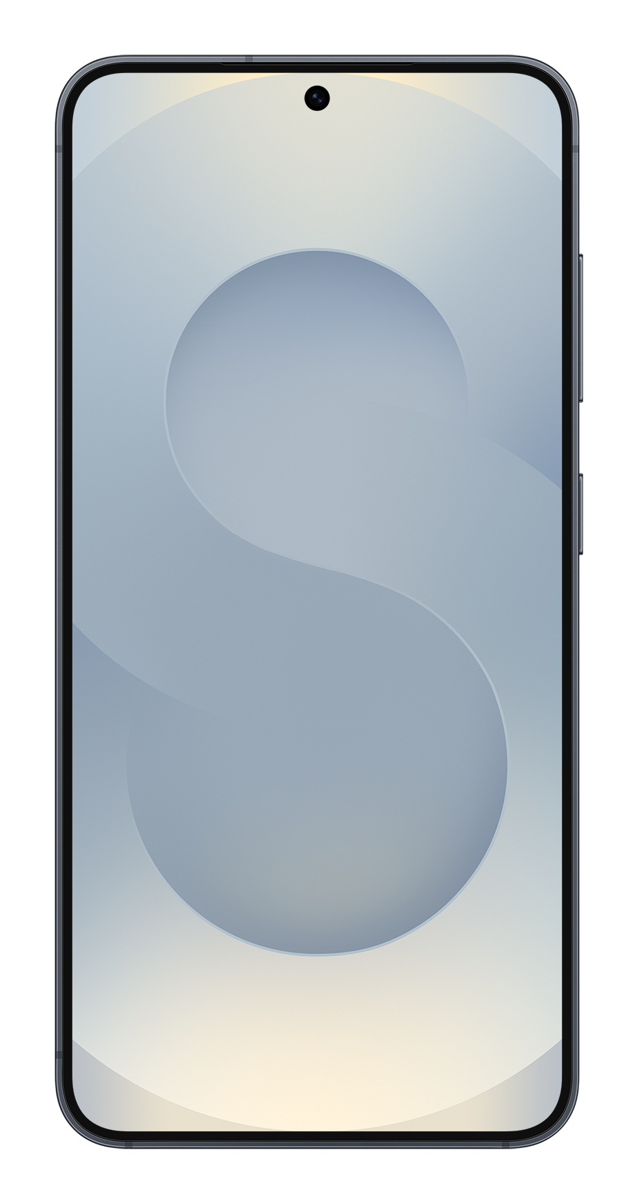 Smartphone elegante con cornice scura, fotocamera frontale centrata e sfondo azzurro con grande lettera S.