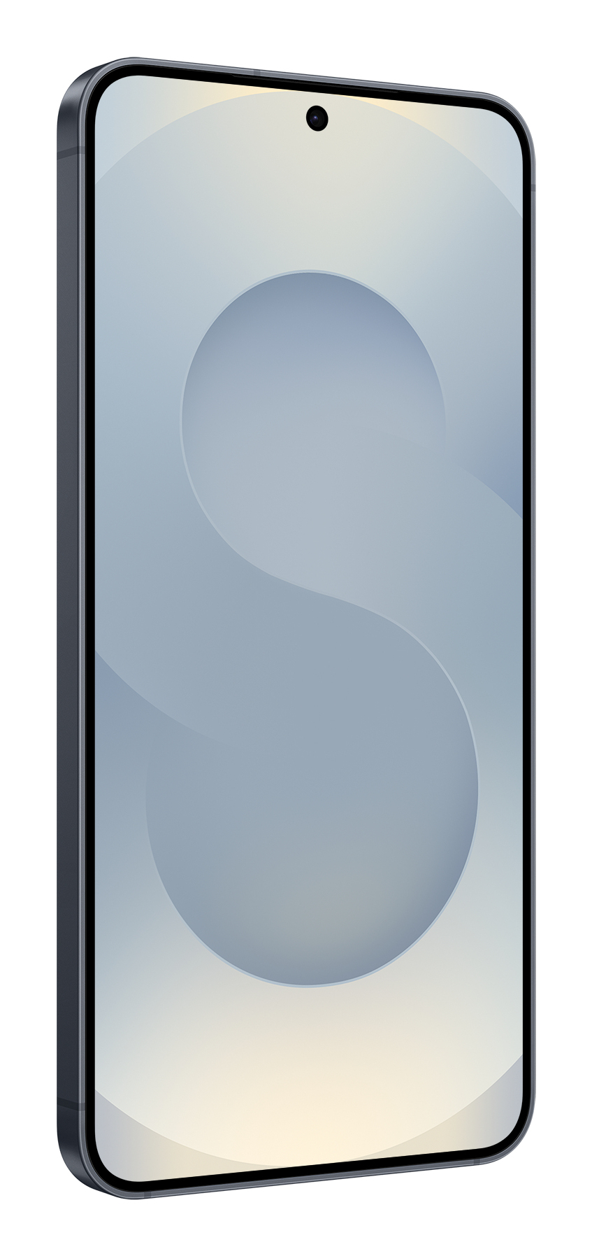 Un elegante smartphone nero che mostra un display astratto grigio chiaro e una fotocamera frontale.