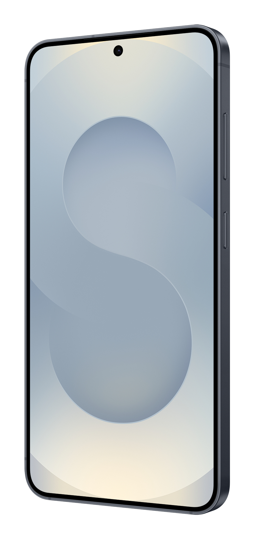 Uno smartphone con scocca grigio scuro, visto frontalmente con sfondo sfumato azzurro a forma di S.