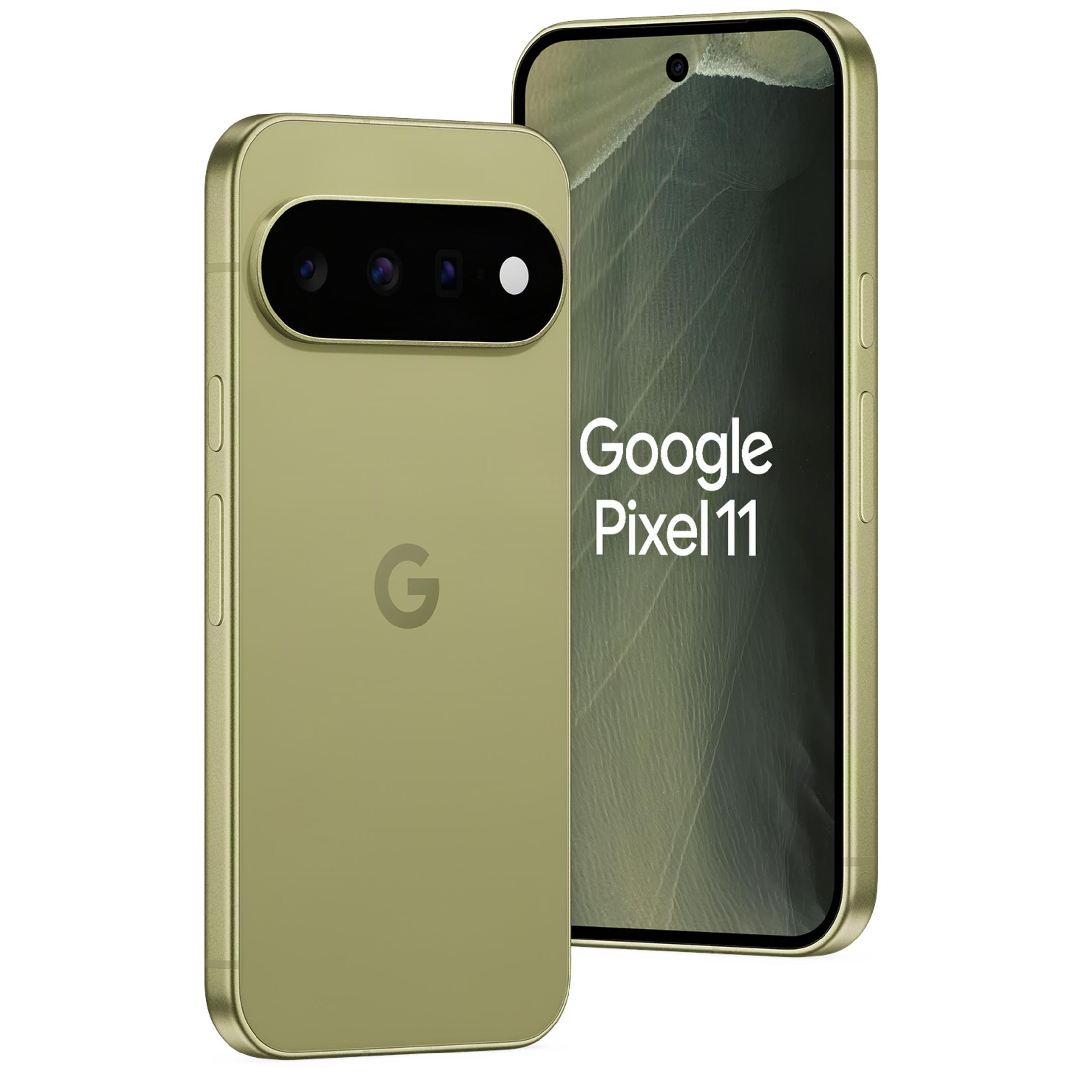 Zwei hellgrüne Google Pixel 11 Smartphones; eines zeigt die Rückseite mit Kameramodul, das andere die Vorderseite.