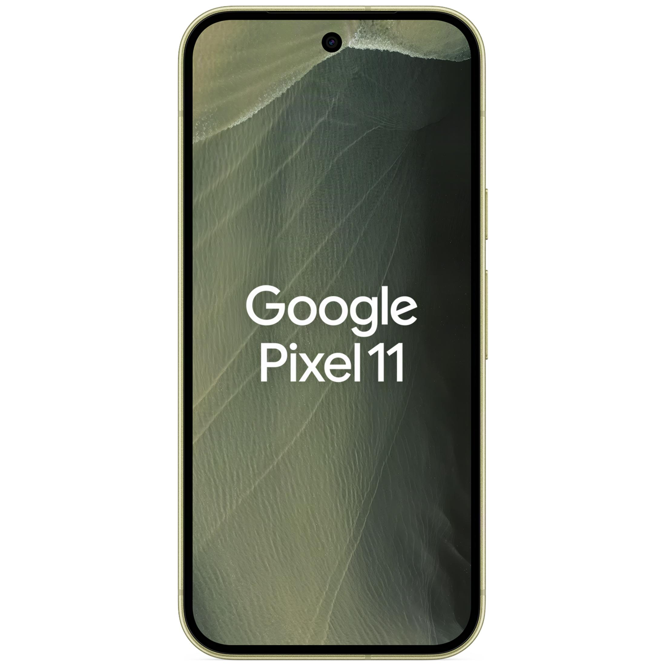Ein goldenes Google Pixel 11 Smartphone zeigt den Text 'Google Pixel 11' auf dem Bildschirm.