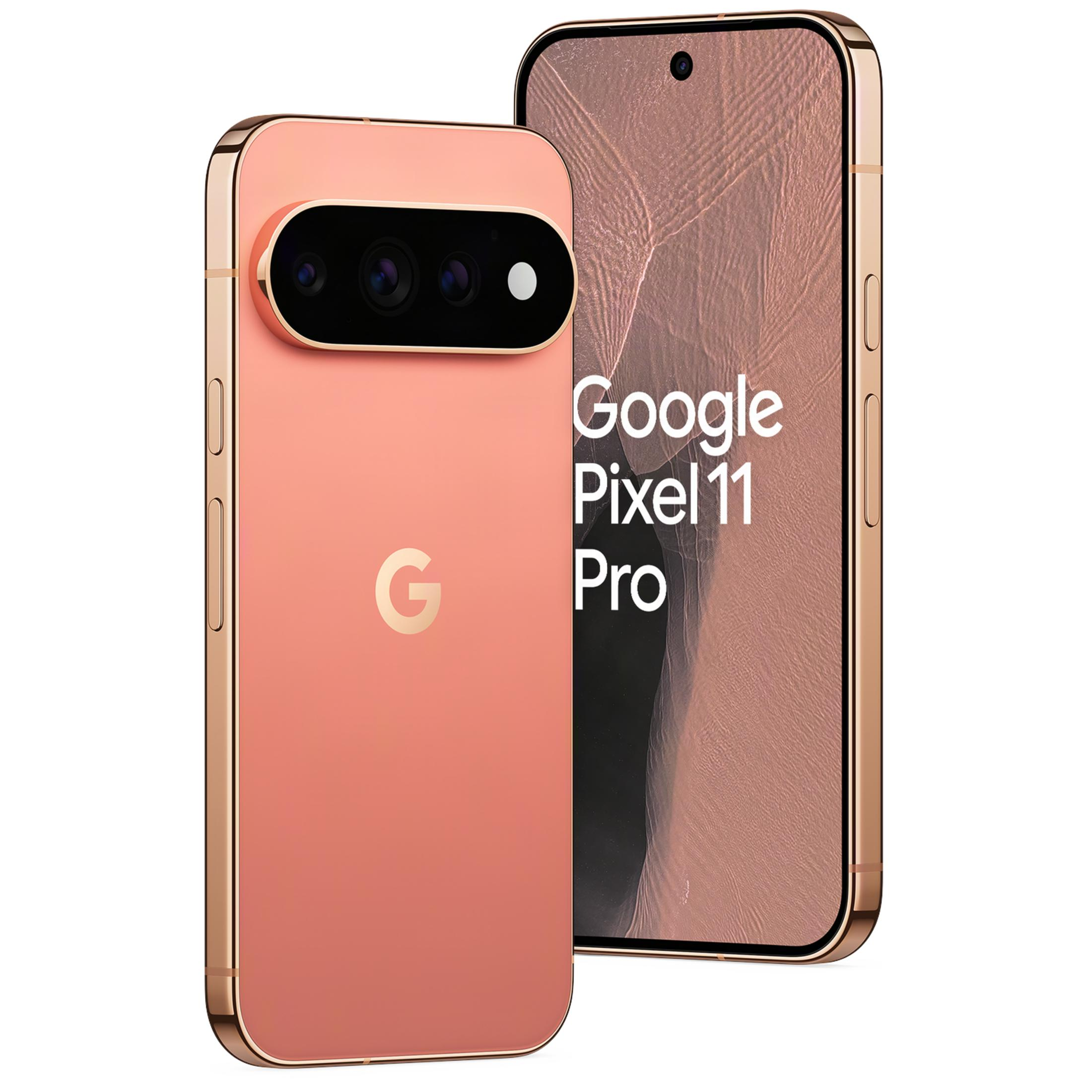 Zwei rosa Google Pixel 11 Pro Smartphones, eines zeigt die Rückseite und das andere den Bildschirm.