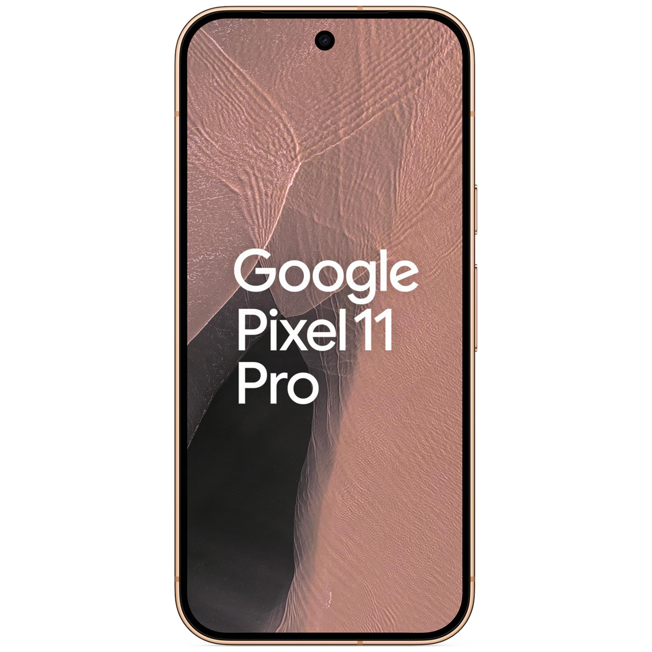 Ein goldenes Google Pixel 11 Pro Smartphone mit rosafarbenem Hintergrund und Text auf dem Bildschirm.