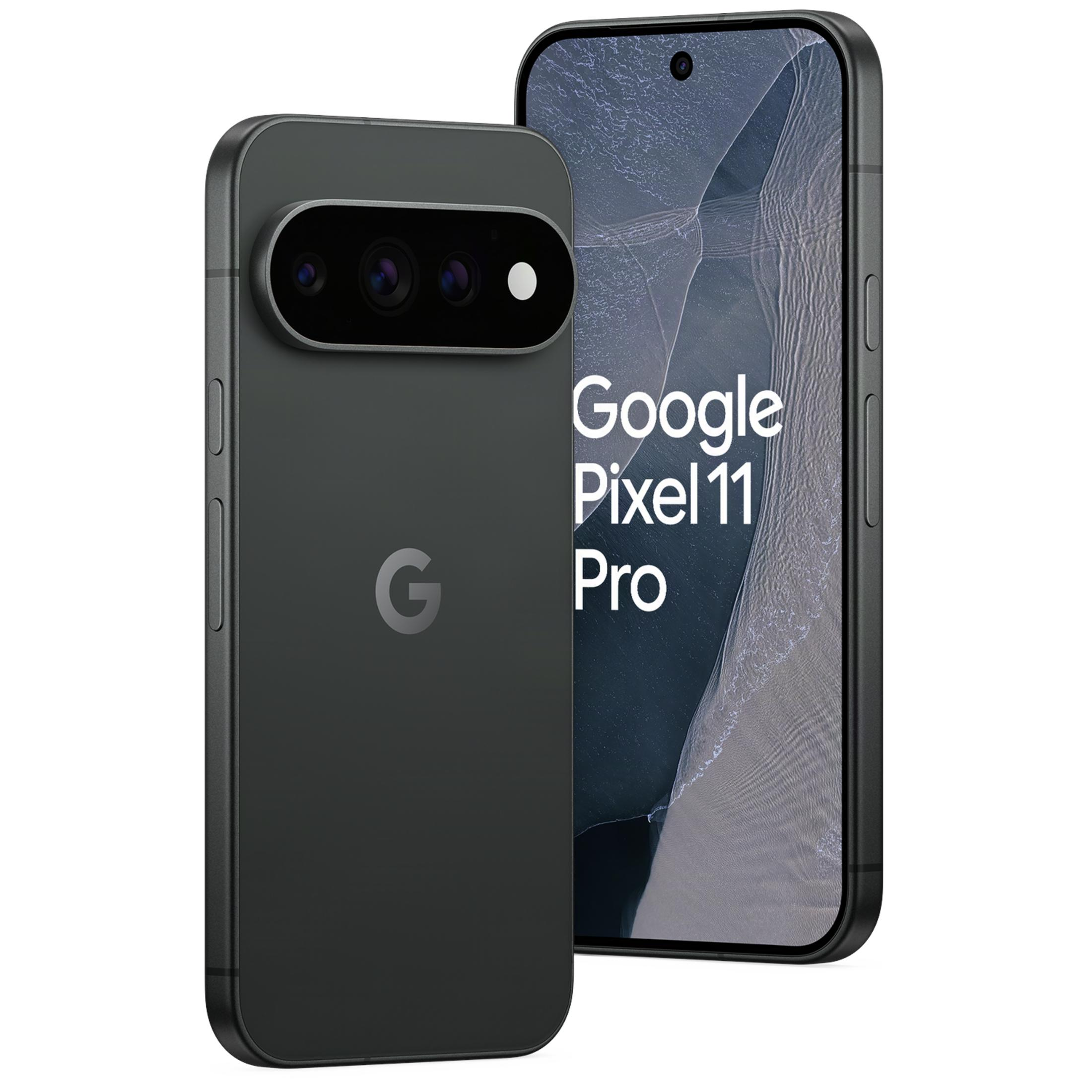 Zwei graue Google Pixel 11 Pro Smartphones, eines zeigt die Rückseite mit Kamera, das andere den Bildschirm.