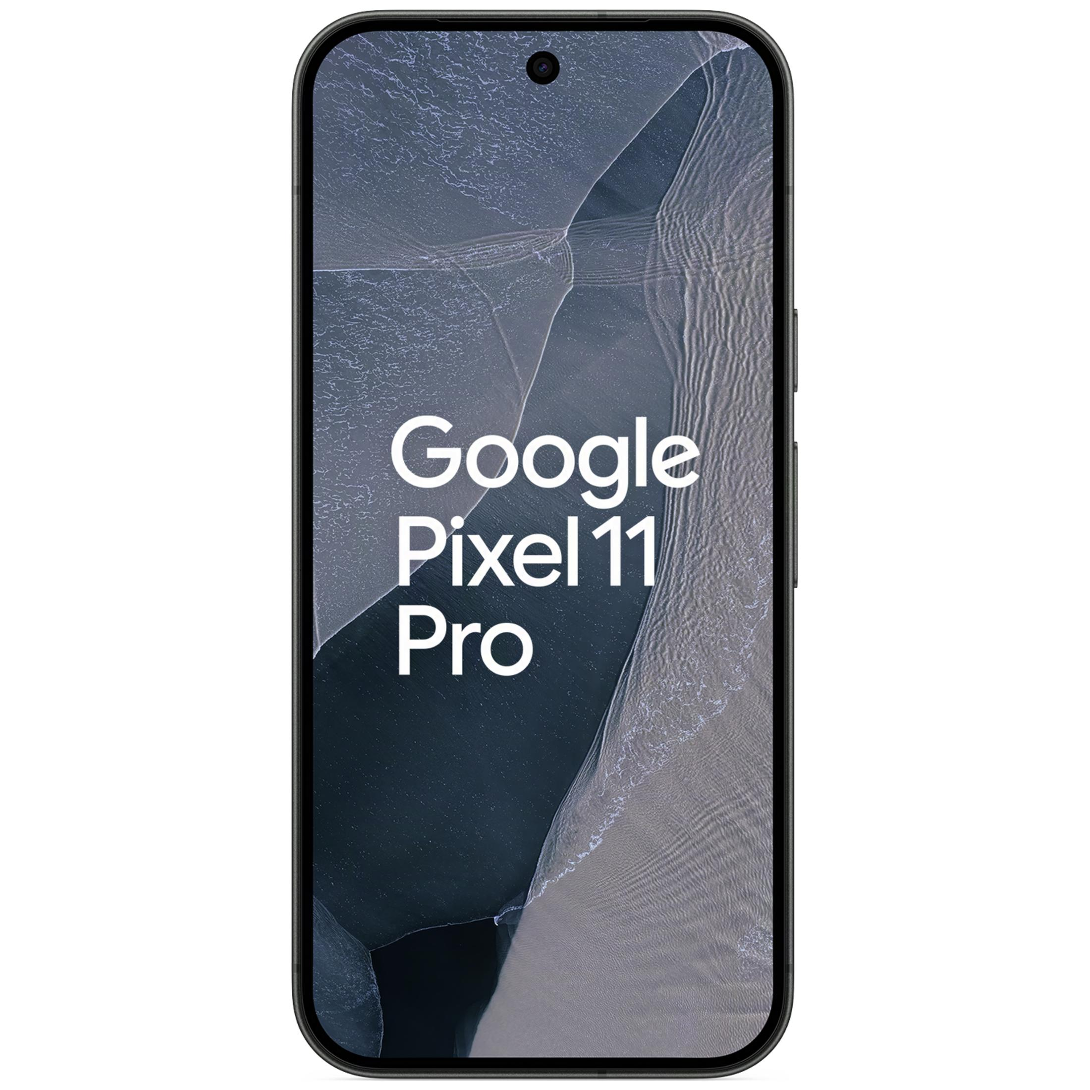 Frontansicht des Google Pixel 11 Pro mit dunklem Gehäuse und dem Text Google Pixel 11 Pro auf dem Bildschirm.